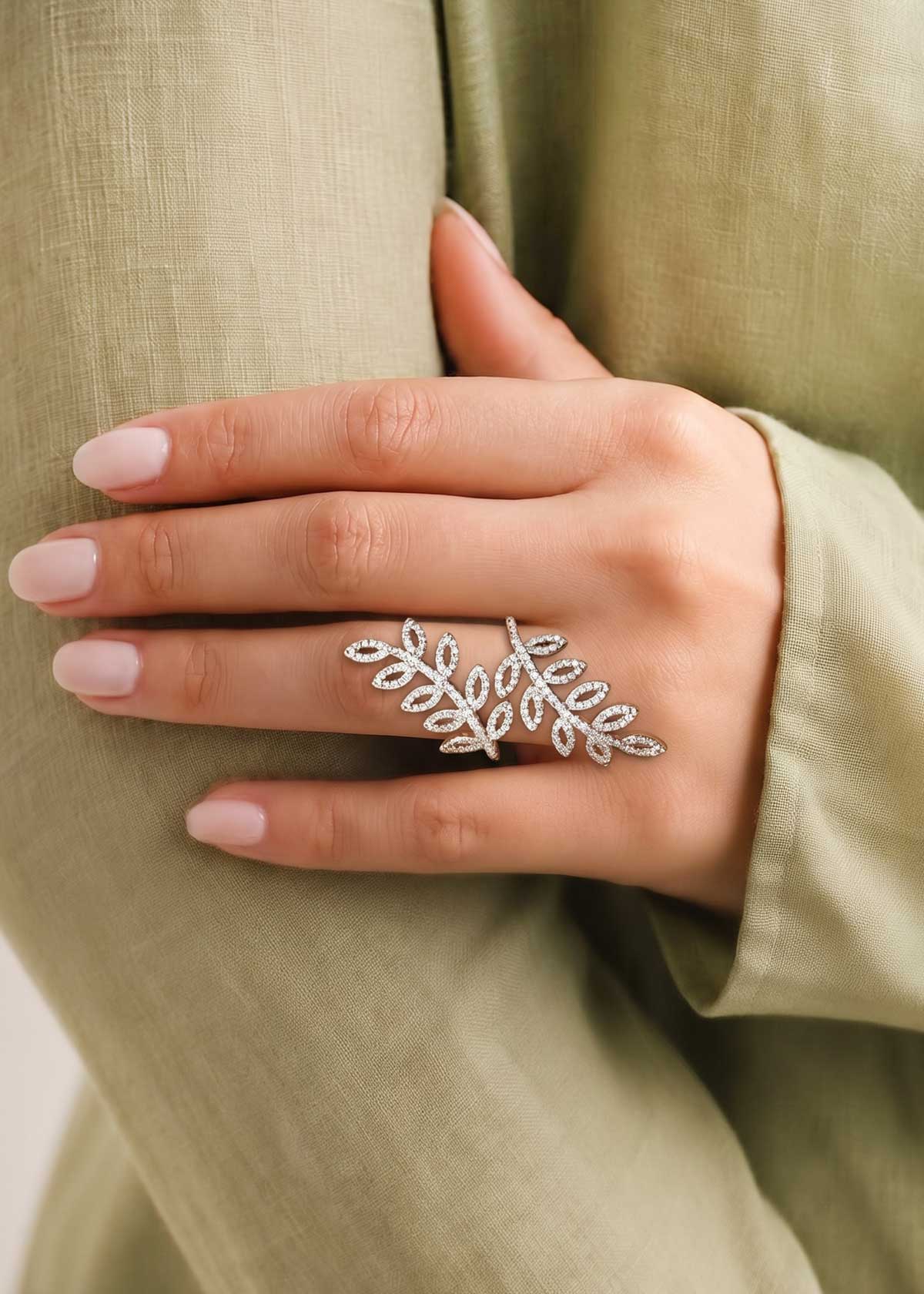 Beautiful Double Leaf Motif Pavé Cubic Zircon Wide Adjustable Finger Ring For Women