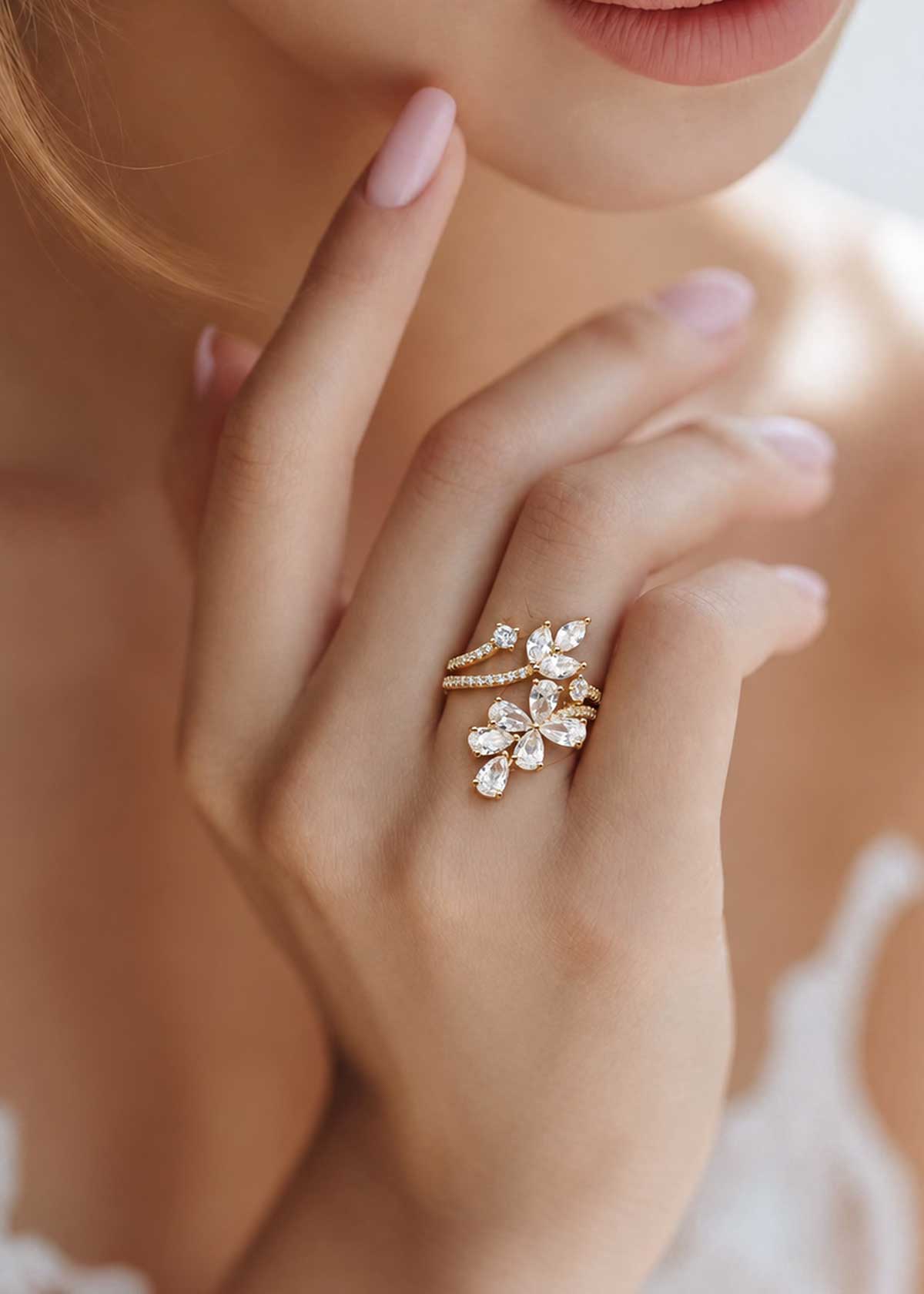 Minimalist Marquise Cubic Zircon Flower Cluster Adjustable Finger Ring For Women