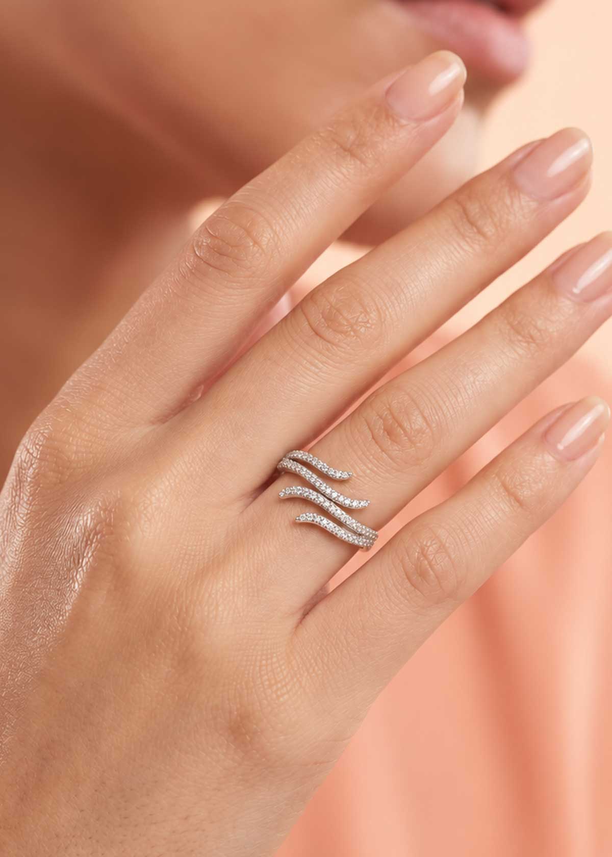 Modern Minimalist Curved Wave Cubic Zircon Adjustable Finger Ring For Women