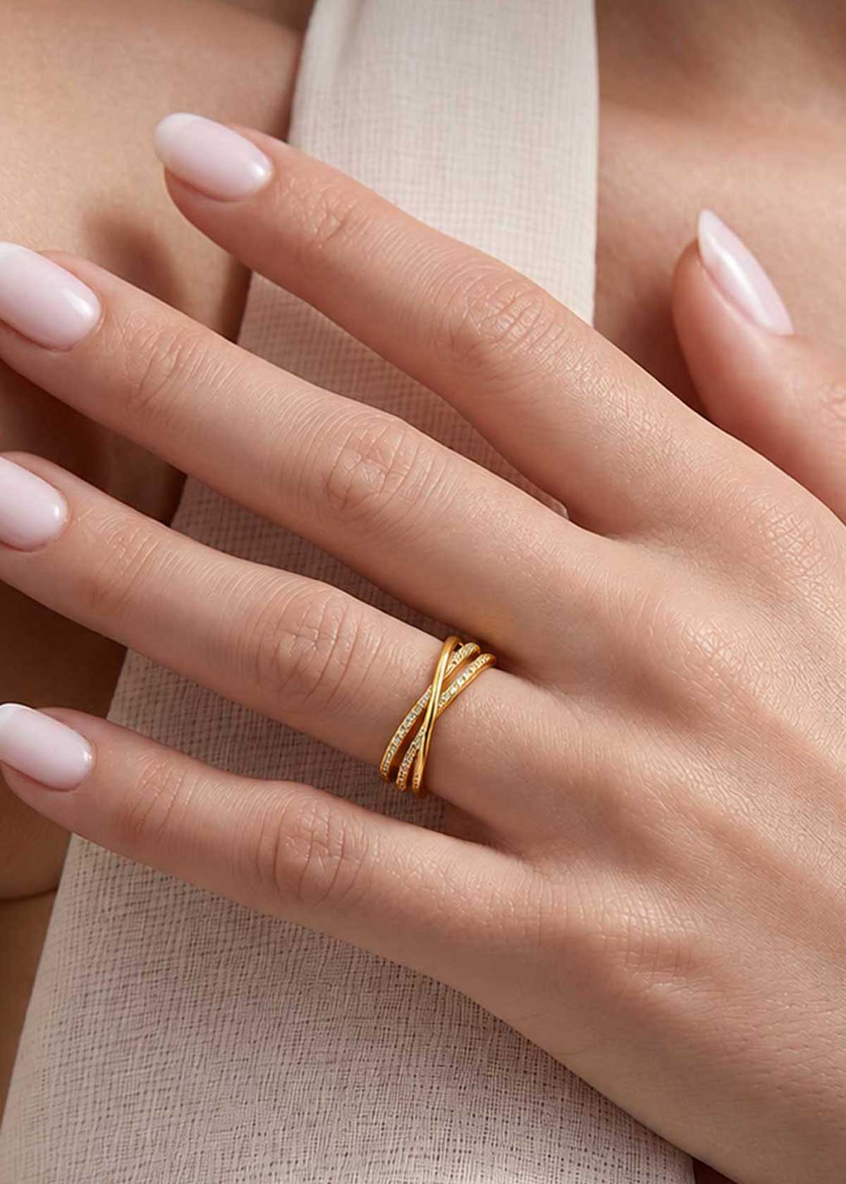 Delicate Intertwined Dual Band Cubic Zircon Crossover Adjustable Finger Ring For Women