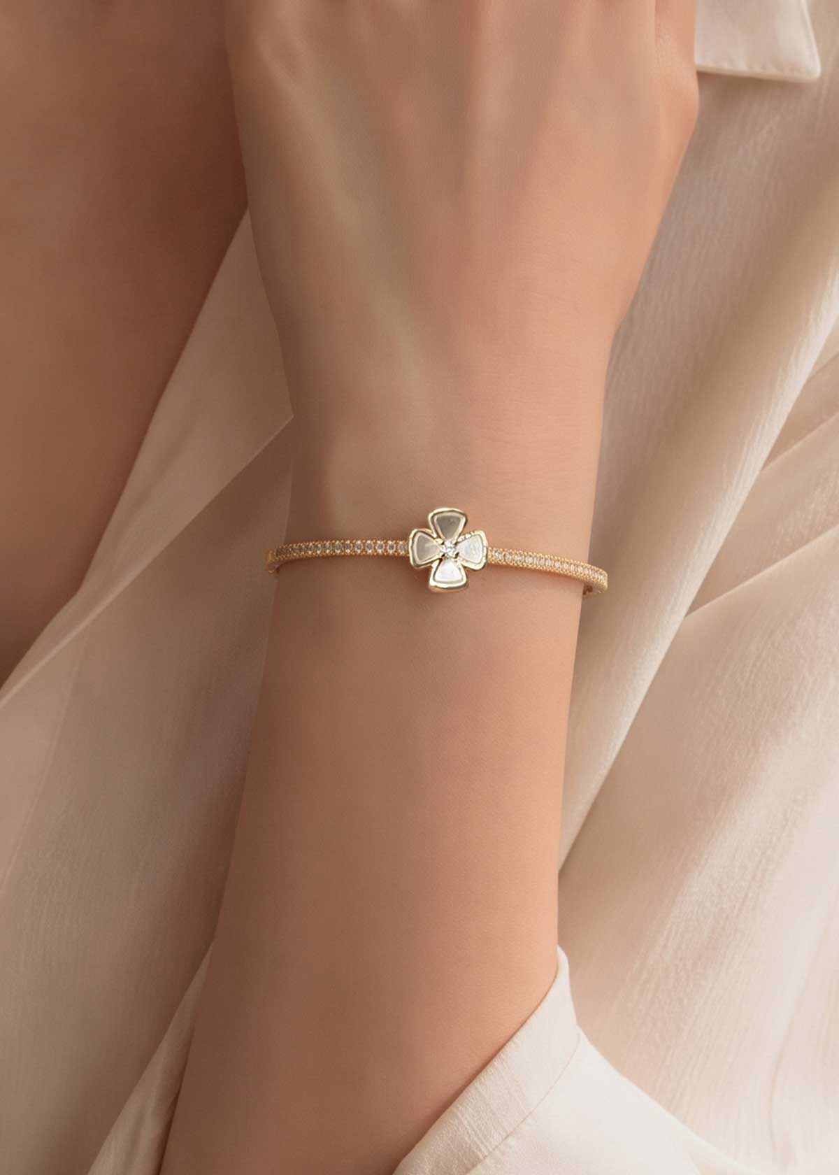 Modern Minimalist Mother Of Pearl Floral Accent Cubic Zircon Openable Kada Bracelet For Women