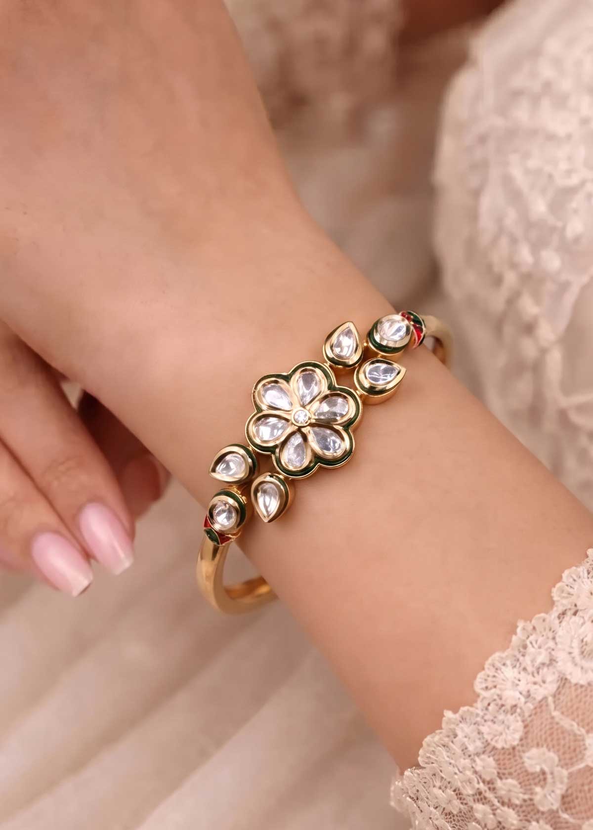 Traditional Handcrafted Kundan & Cubic Zircon Floral Wide Openable Kada Bracelet For Women