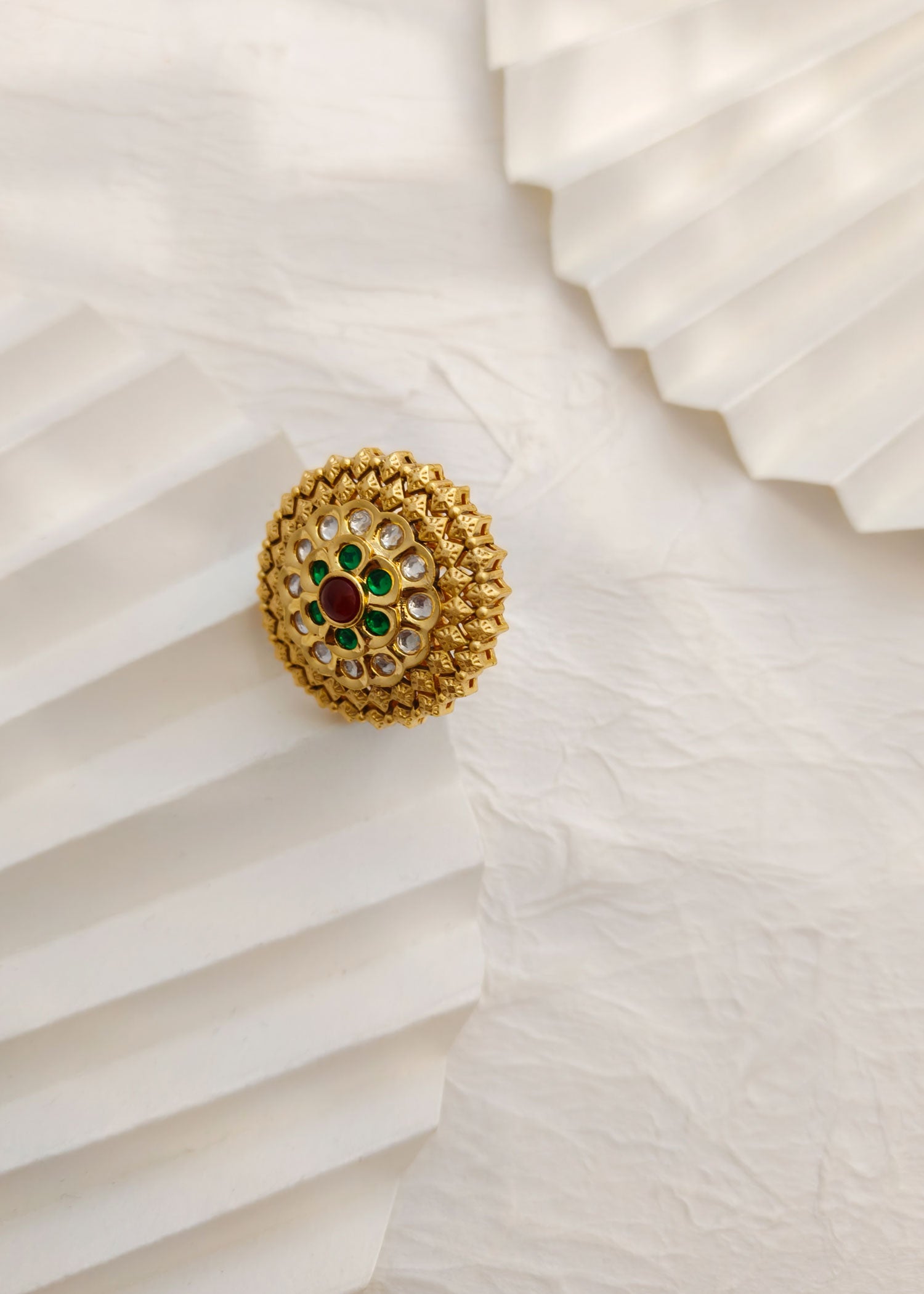 Big Antique Gold Emerald & Ruby Kundan Finger Ring