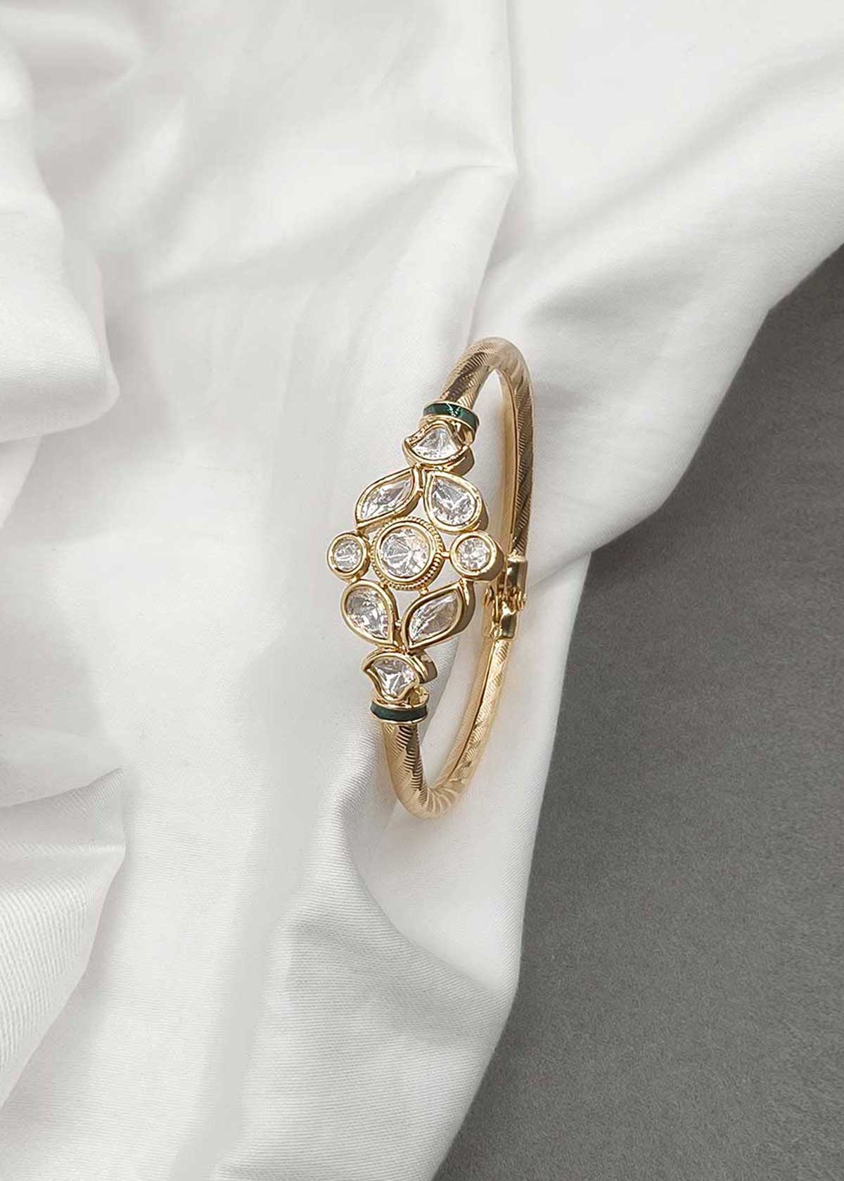 Regal Teardrop & Round Kundan Stone Wide Hinged Kada Bracelet for Women