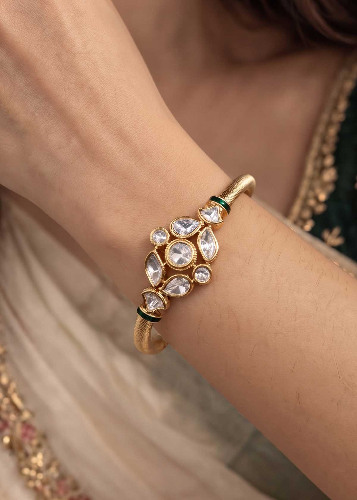Regal Teardrop & Round Kundan Stone Wide Hinged Kada Bracelet For Women