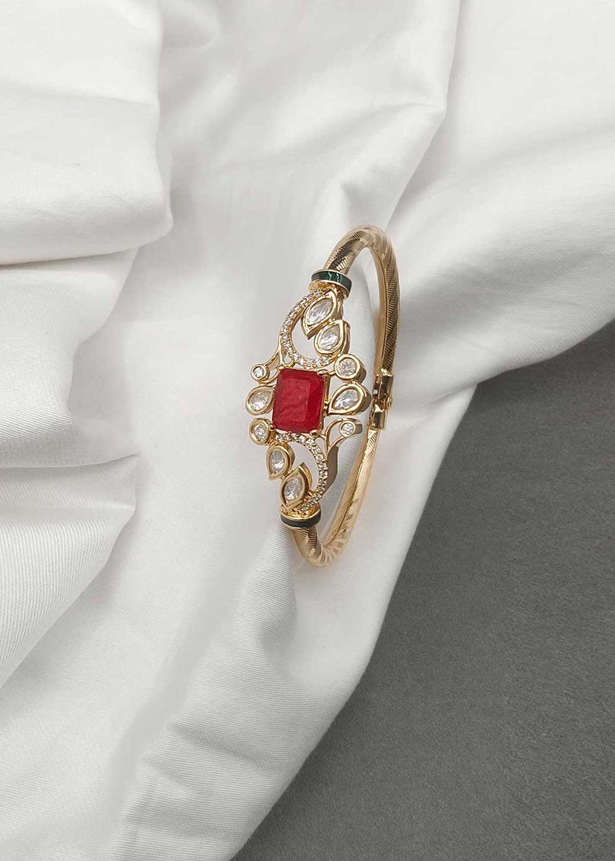 Gold Plated Ruby Red Stone Kundan & Cubic Zircon Meenakari Wide Openable Kada Bracelet for Women