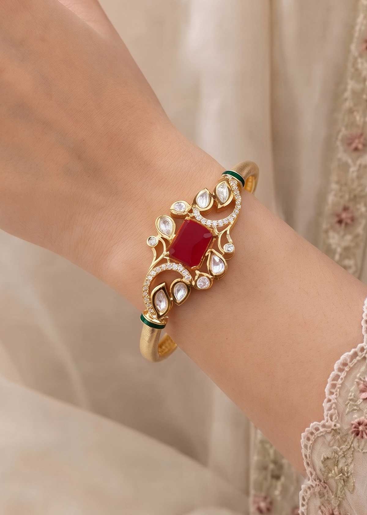 Vintage Inspired Ruby, Cubic Zircon & Kundan Openable Kada Bracelet For Women