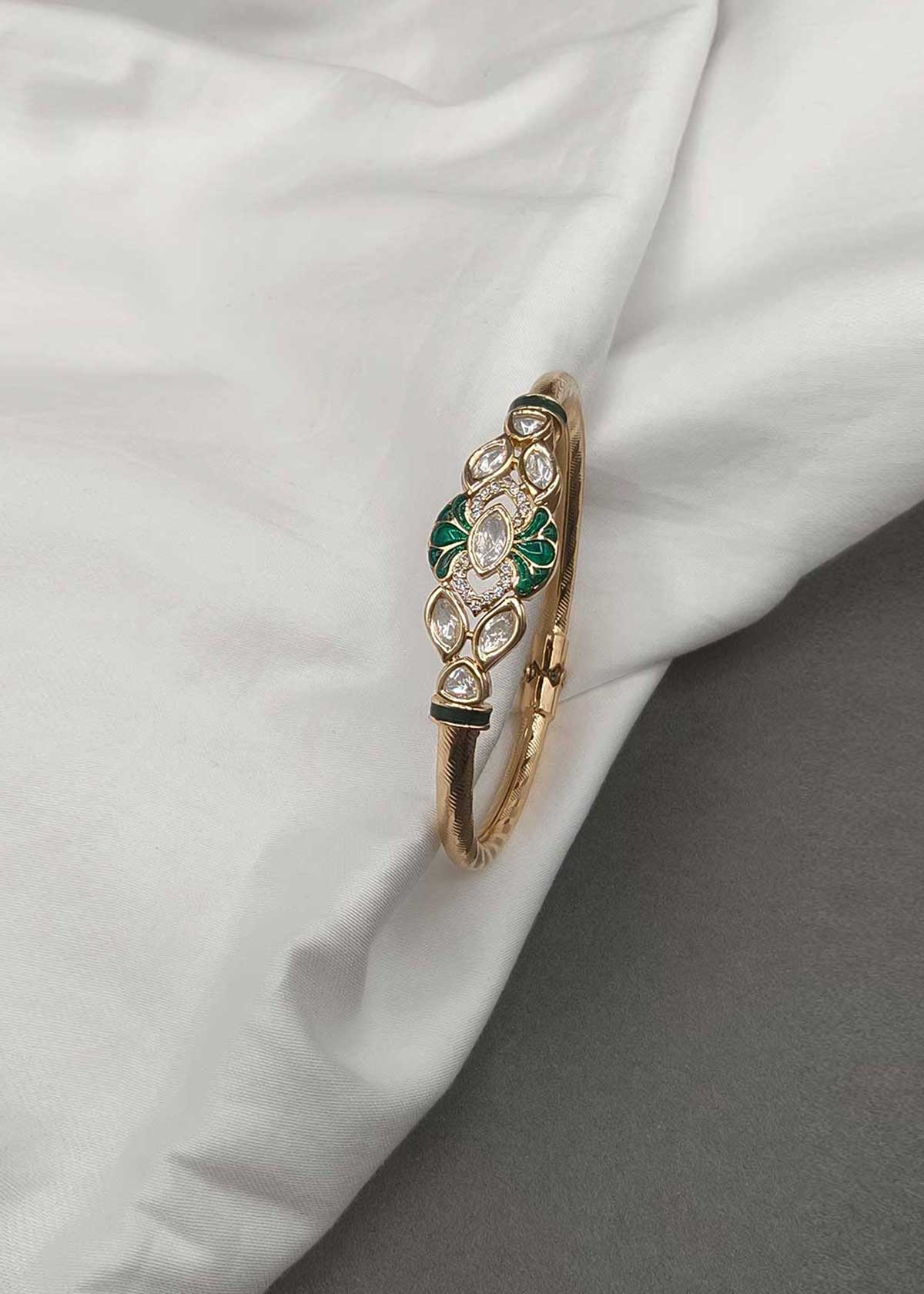 Gold Plated Kundan & Cubic Zircon Green Meenakari Work Wide Openable Kada Bracelet for Women