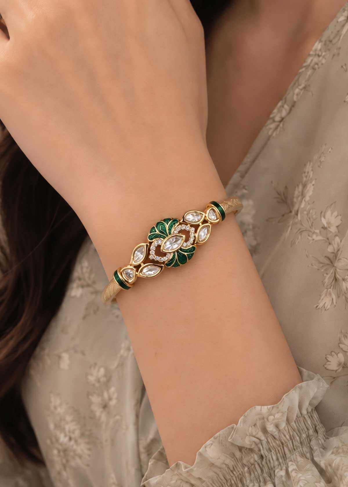 Imperial Leaf Motif Kundan & Cubic Zircon Meenakari Openable Kada For Women