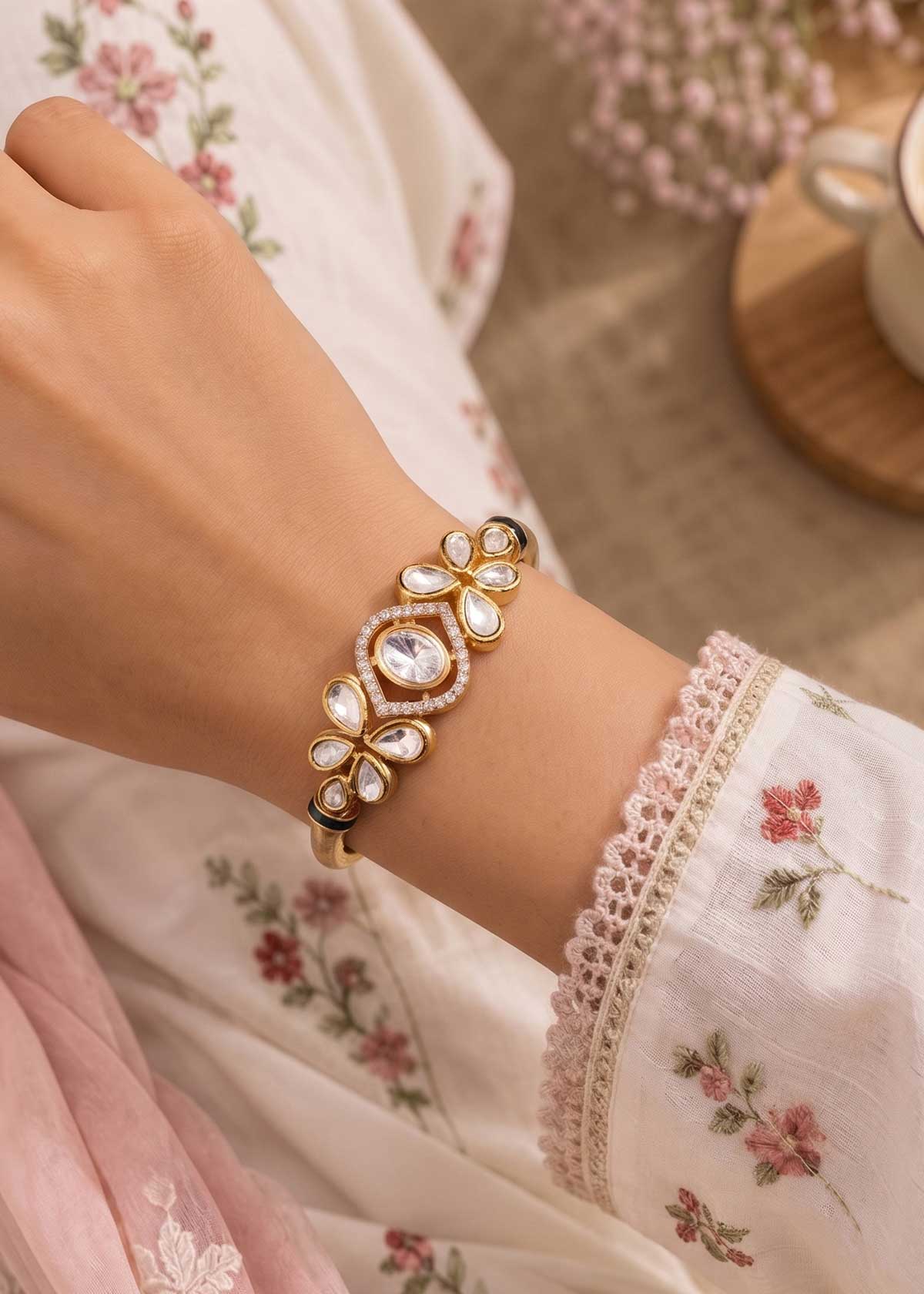 Traditional Handcrafted Kundan & Pavé Cubic Zircon Floral Openable Kada Bracelet for Women