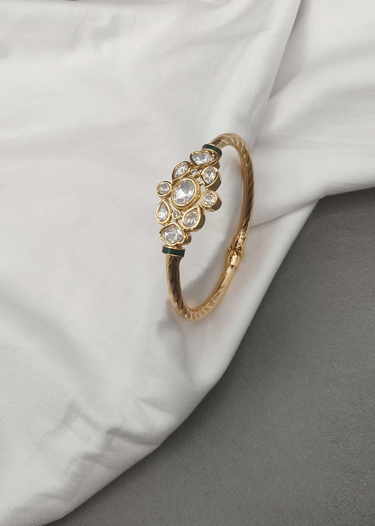 Royal Jadau-Look Oval & Teardrop Kundan Enamel Accent Openable Kada Bracelet For Women
