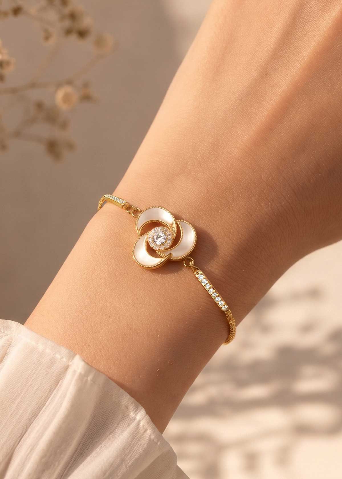 Radiant Lotus Zircon Mother Of Pearl Gold Polished Adjustable Loose Bracelet For Woman