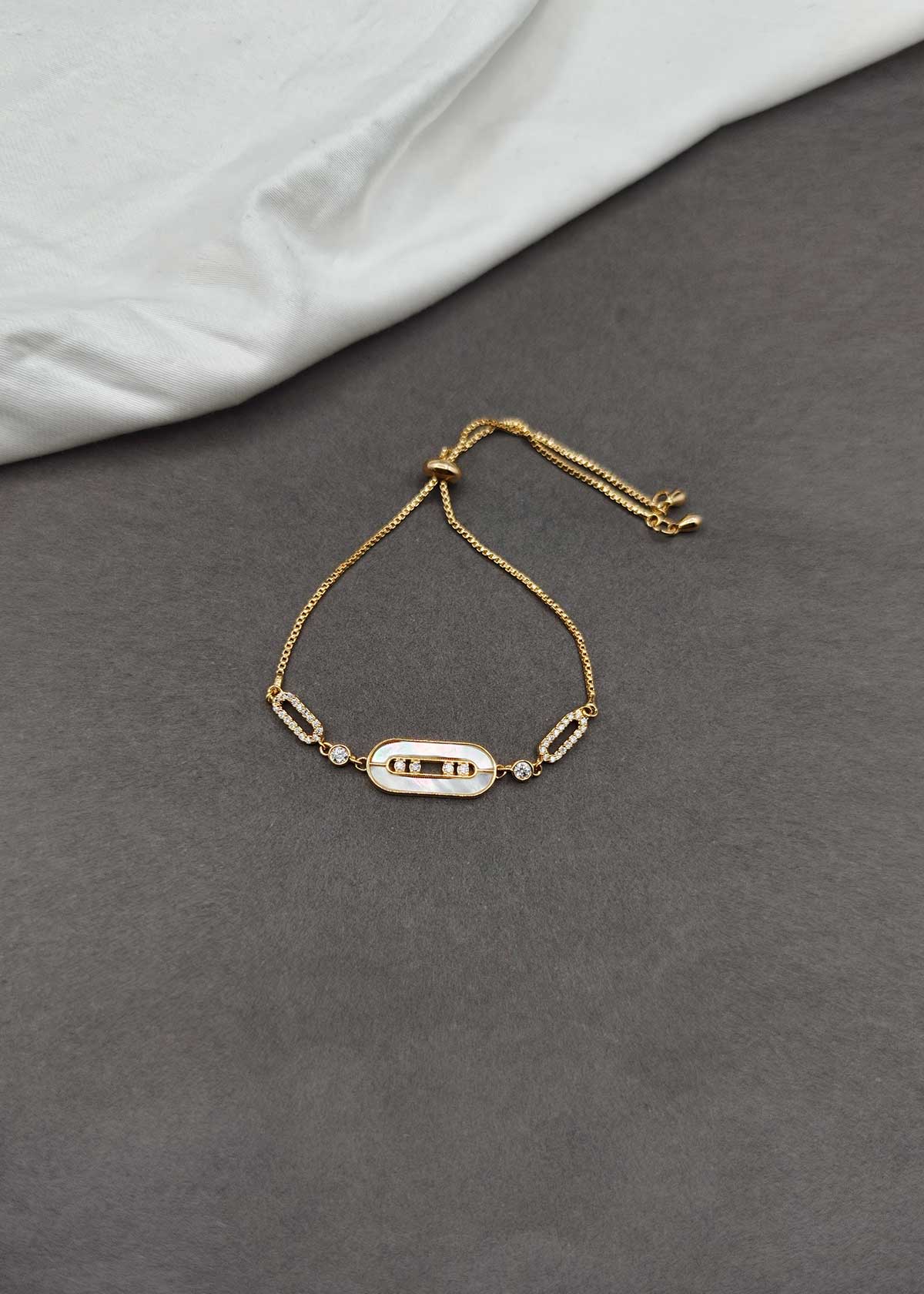 Gold Plated Adjustable Oval Zircon And Mother Of Pearl Bracelet