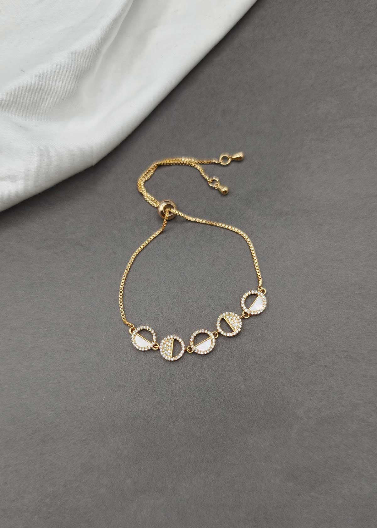 Gold Plated Adjustable Circular Zircon and Mother Of Pearl Bracelet