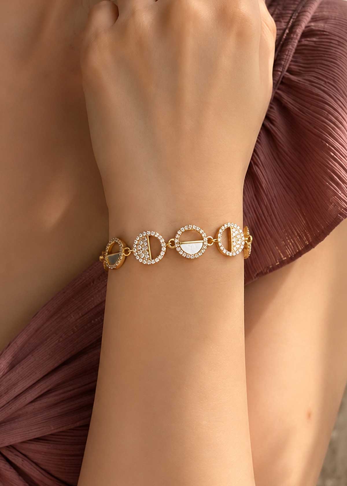 Gold Plated Adjustable Circular Zircon and Mother Of Pearl Loose Bracelet For Woman