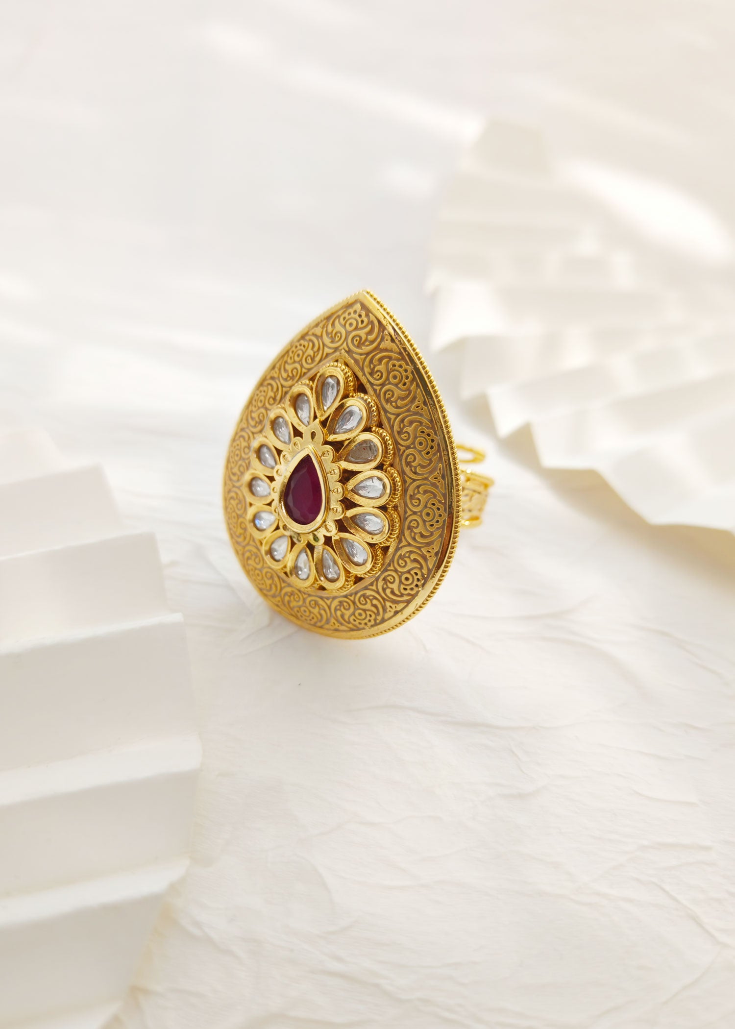 Big Antique Gold Drop Shape Ruby Kundan Finger Ring