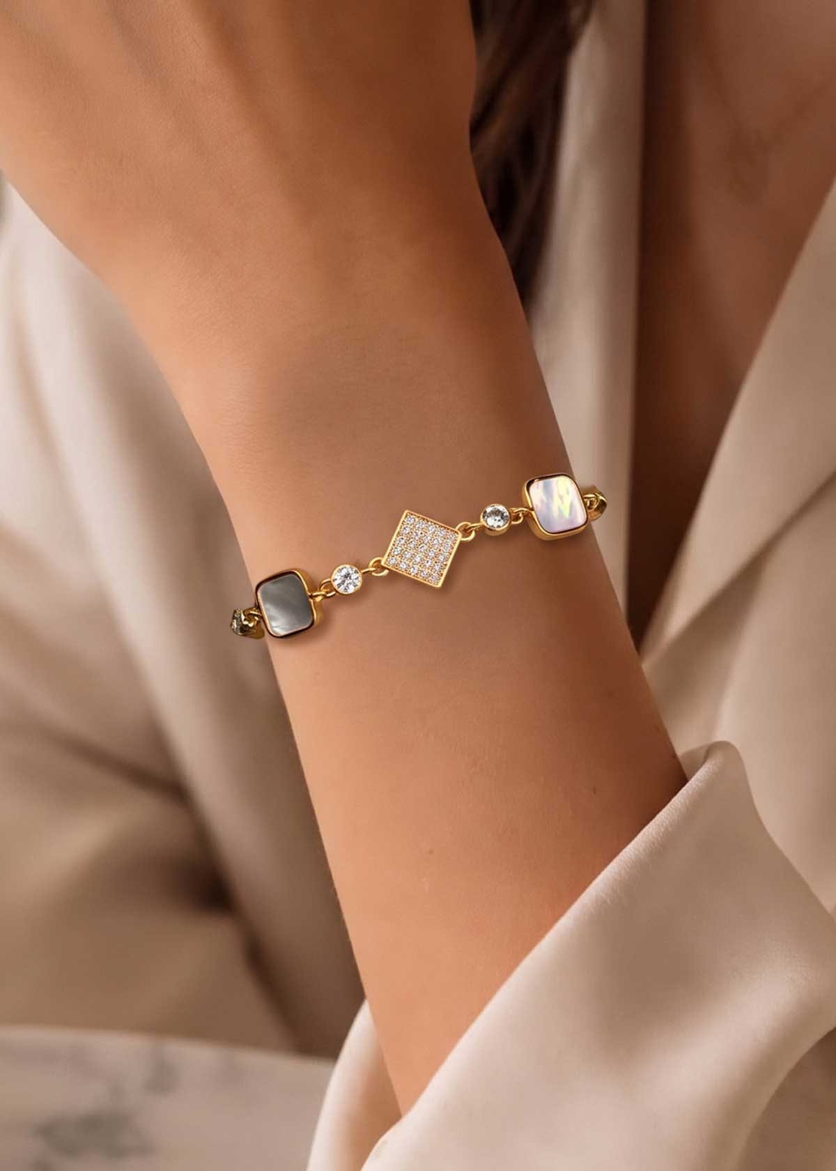 Gold Plated Adjustable Geometric Zircon And Mother Of Pearl Loose Bracelet For Woman