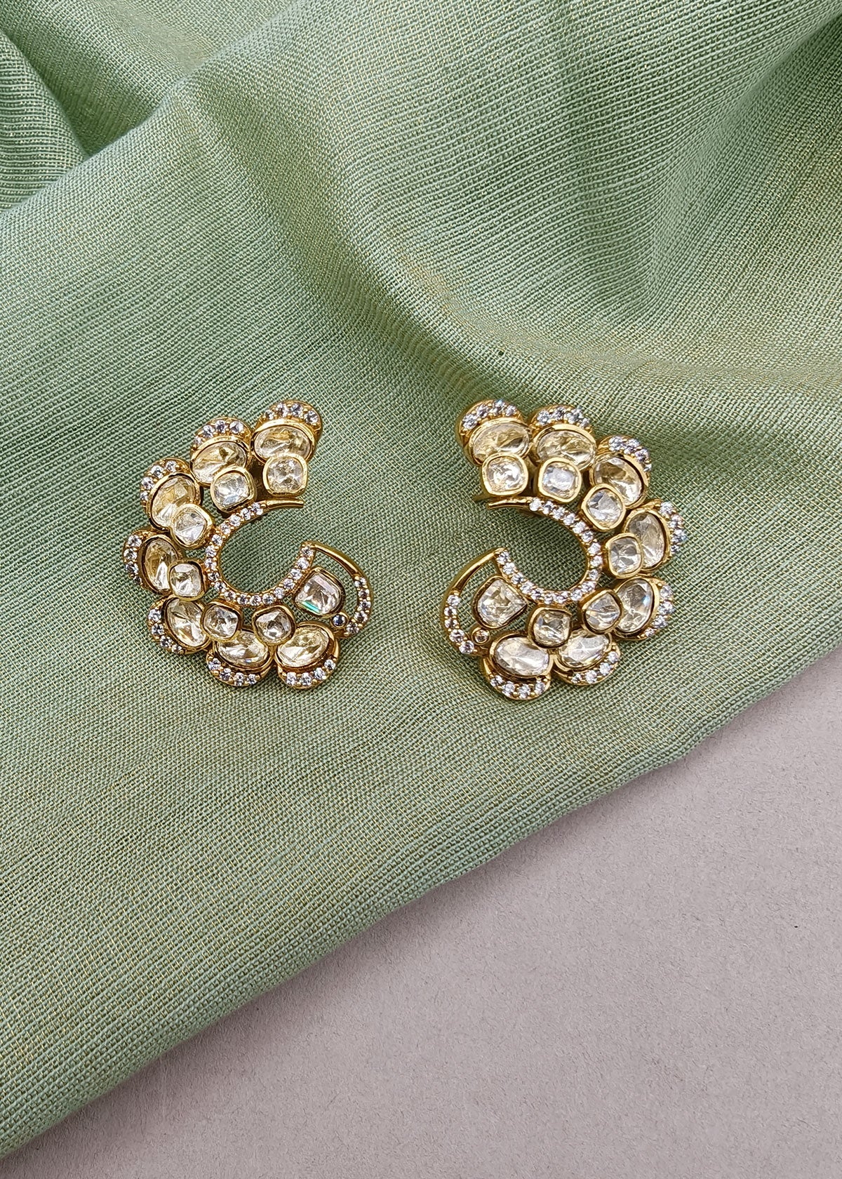 Modern Heritage C-Shaped Kundan & Cubic Zircon Stud Earrings For Women