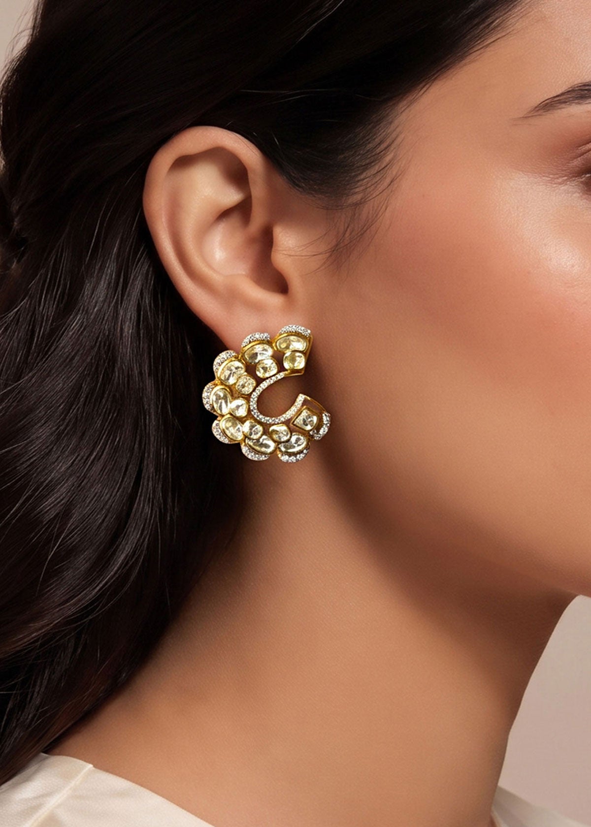 Contemporary Crescent Swirl Moissanite & Cubic Zircon Stud Earrings For Women
