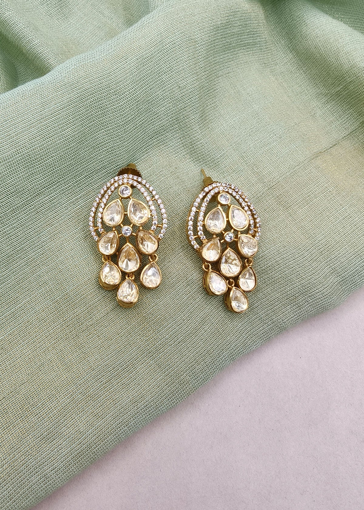 Gold Plated Kundan & Cubic Zircon Cascading Teardrop Stud Earrings for Women