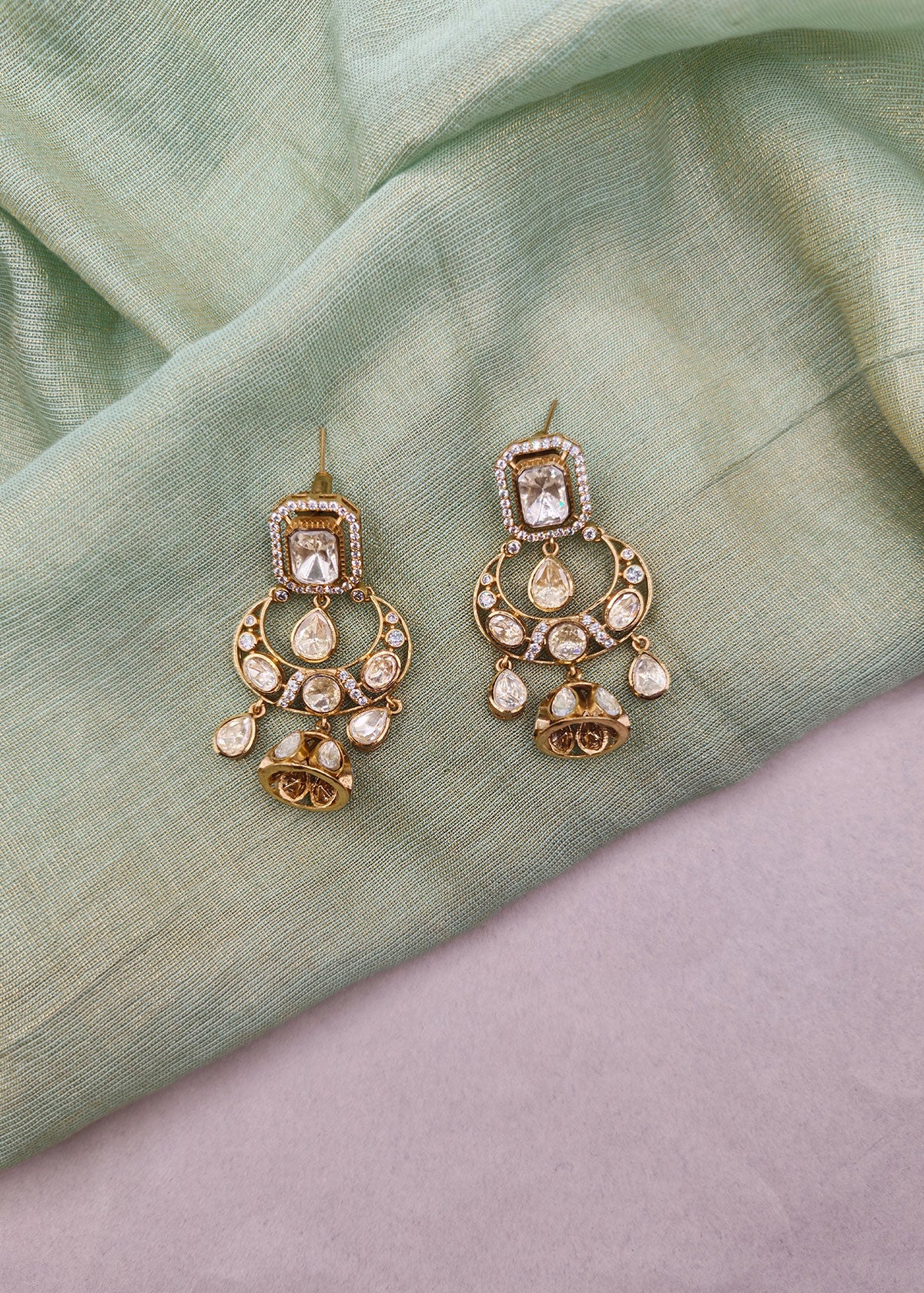 Luminous Open-Arc Kundan & Golden Bell Drop Statement Stud Earrings for Women