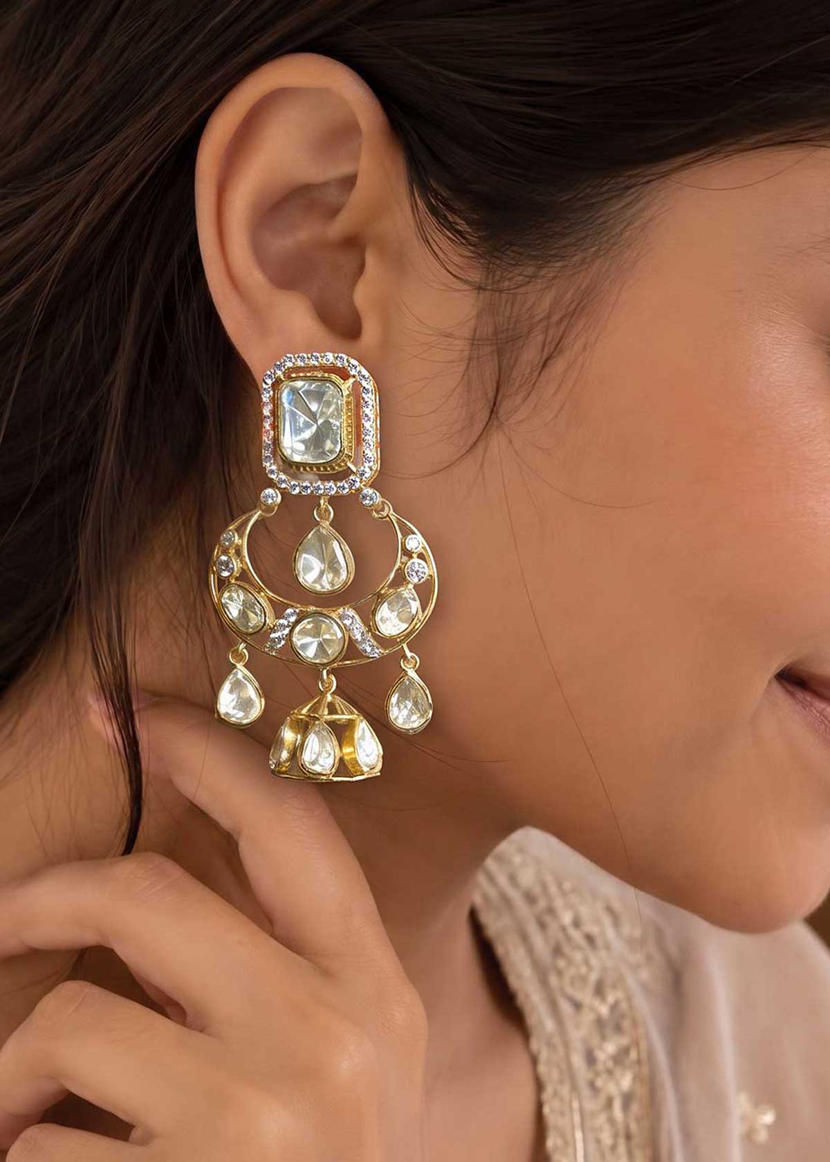 Royal Chandbali Jhumki Drop Moissanite & Cubic Zircon Dangle Earrings For Women
