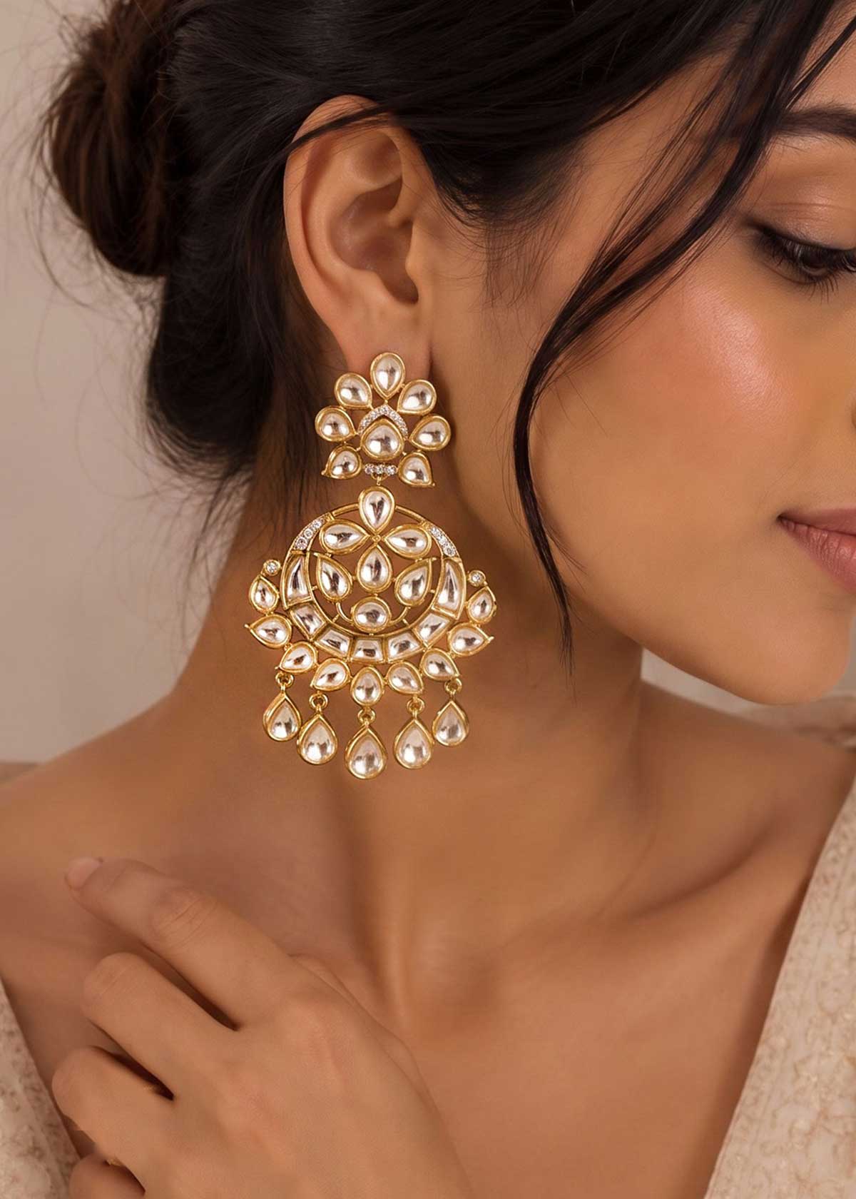 Artisanal Multi-Drop Pear Accent Moissanite & Cubic Zircon Long Chandbali Earrings For Women