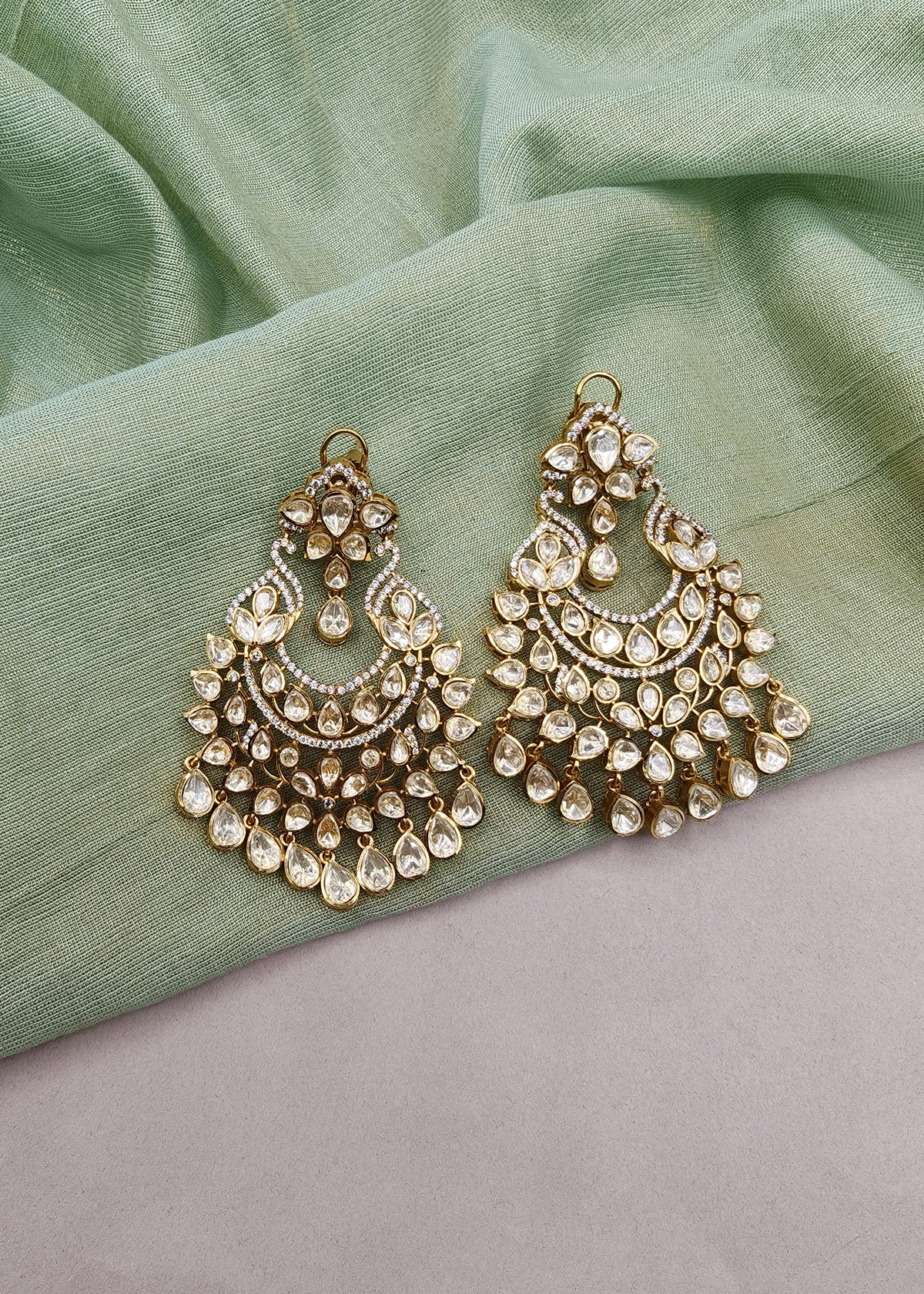 Traditional Royal Jadau-Look Kundan & Pavé Cubic Zircon Hanging Drops Chandbali Earrings For Women