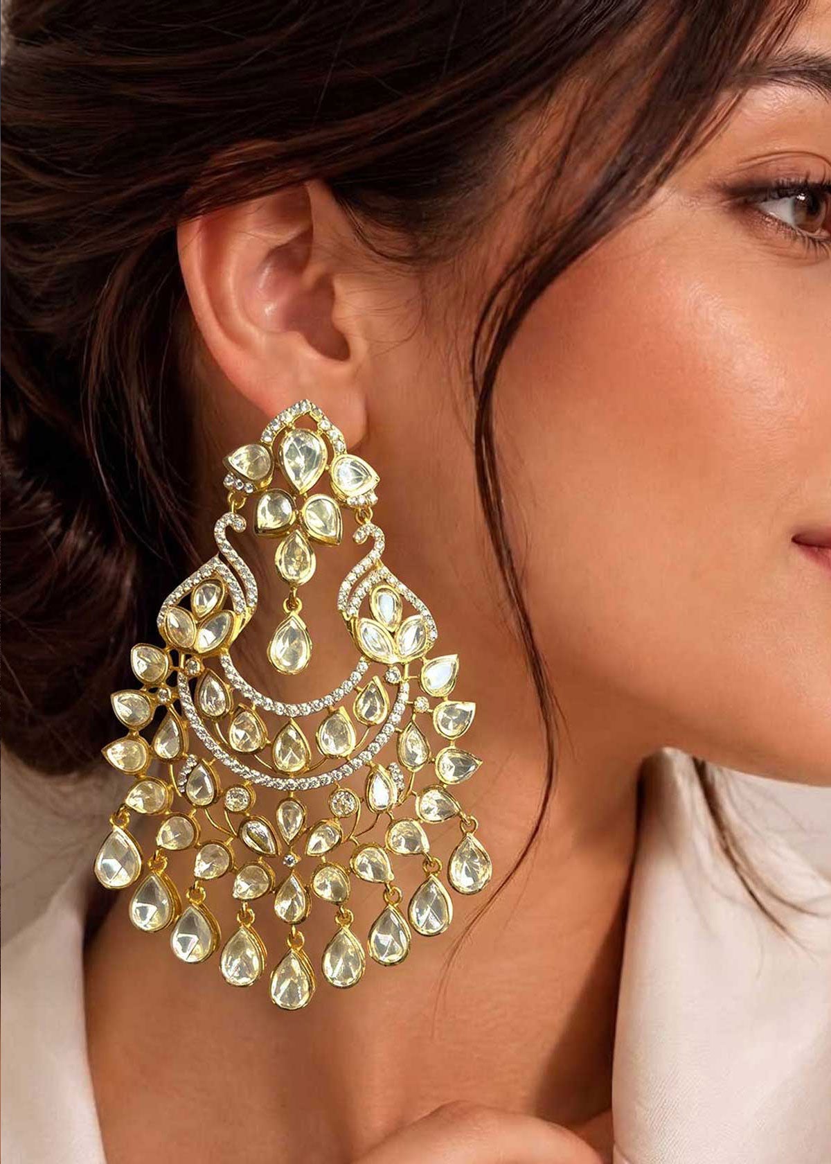 Vintage Mughal Inspired Cubic Zircon & Moissanite Long Chandbali Earrings For Women