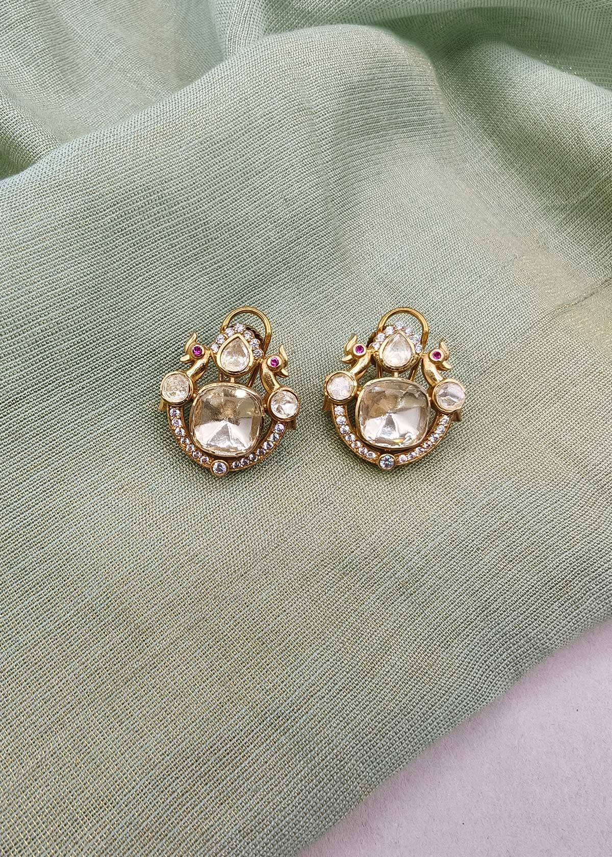 Vintage-Inspired Gold Plated Cushion-Cut Kundan Stud Earrings for Women