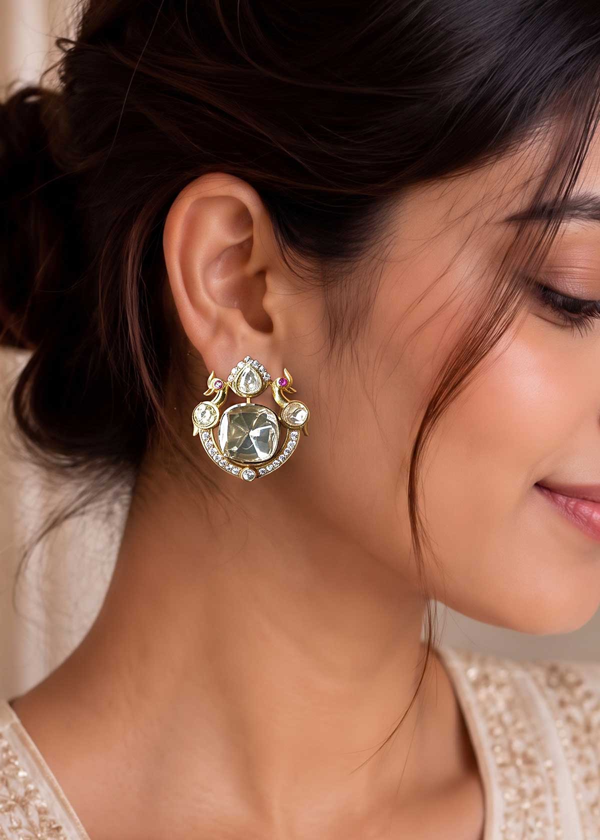 Royal Peacock & Pear Crest Moissanite & Cubic Zircon Stud Earrings For Women