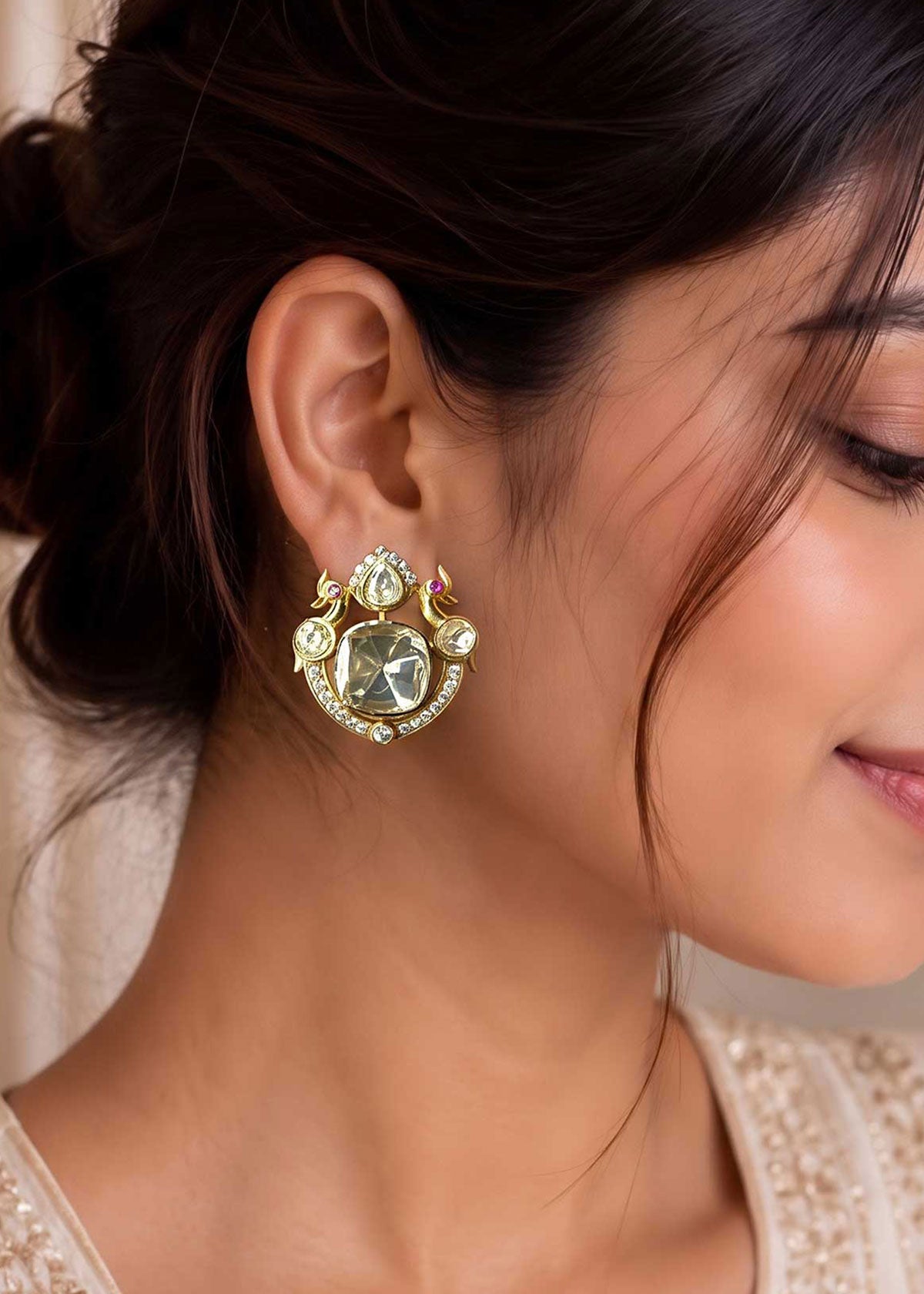Royal Peacock Motif Moissanite & Cubic Zircon Stud Earrings For Women