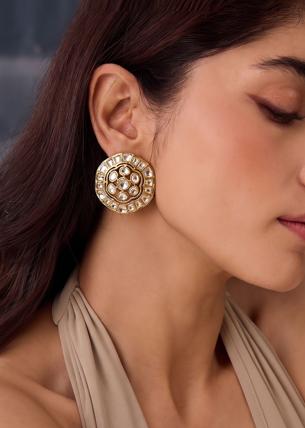 Traditional Rajwada Domed Floral Moissanite Stud Earrings For Women