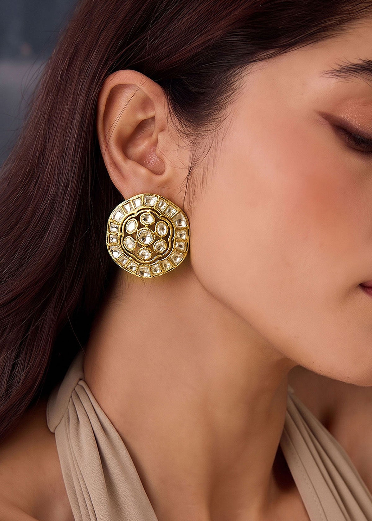 Traditional Rajwada Domed Floral Moissanite Stud Earrings For Women