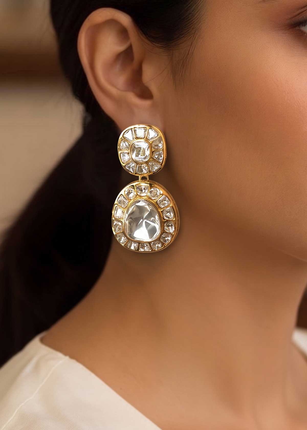 Contemporary Heritage Dual-Drop Polki-Cut Moissanite Dangle Earrings For Women
