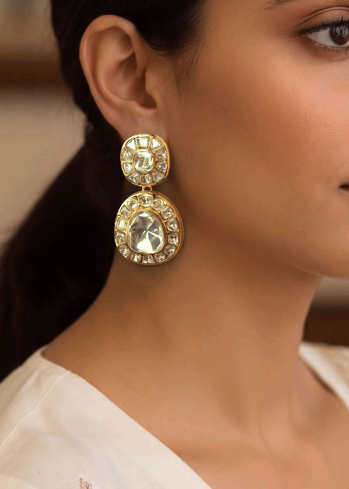 Heritage Dual-Drop Polki-Cut Moissanite Dangle Earrings For Women