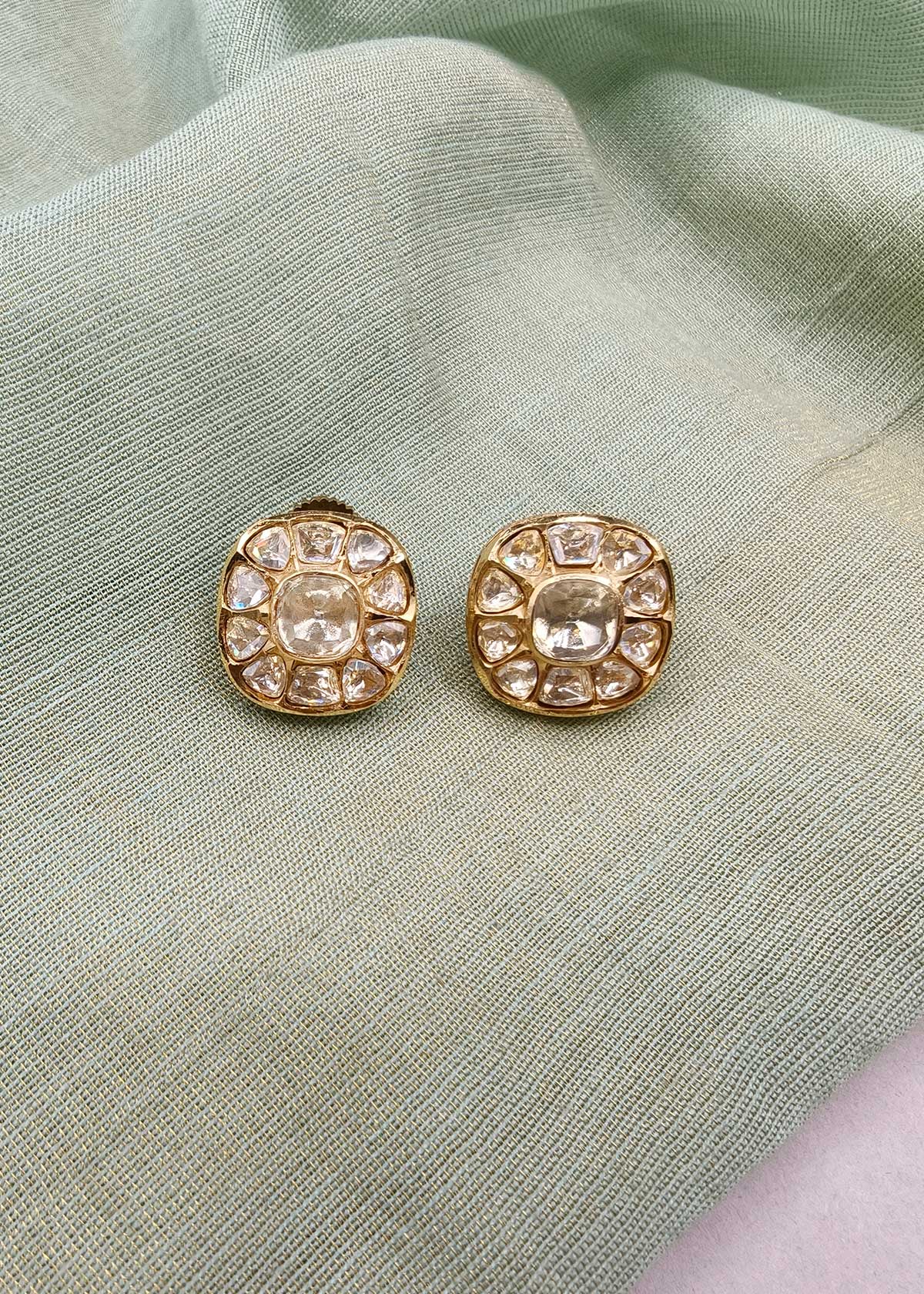 Royal Jadau-Style Cushion Medallion Kundan Top Earrings For Women