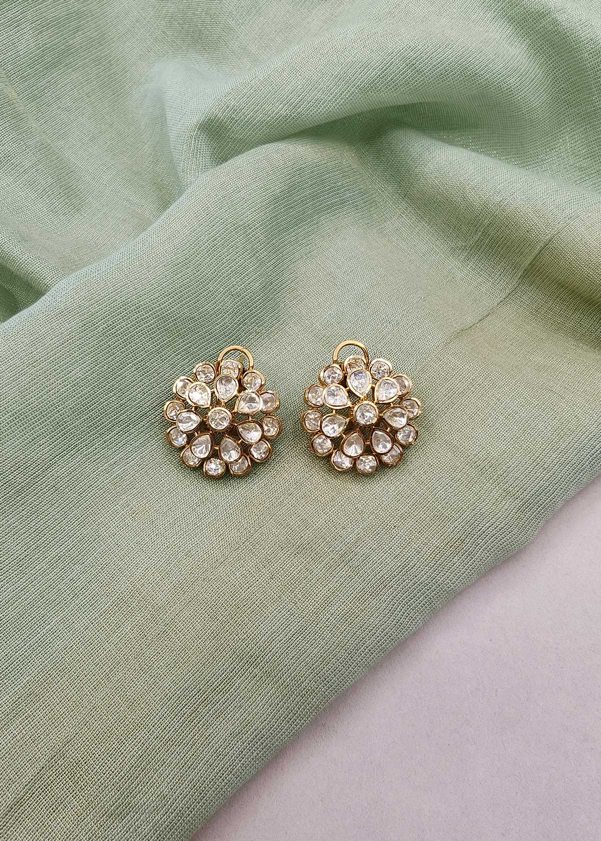 Imperial Jadau-Look Petal Halo Kundan Flower Stud Earrings For Women