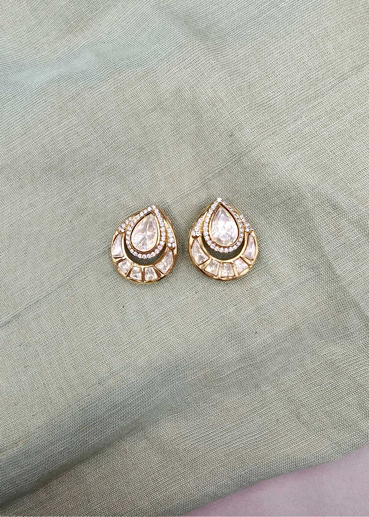 Luminous Diamond-Look Pavé Halo Pear Kundan Stud Earrings For Women