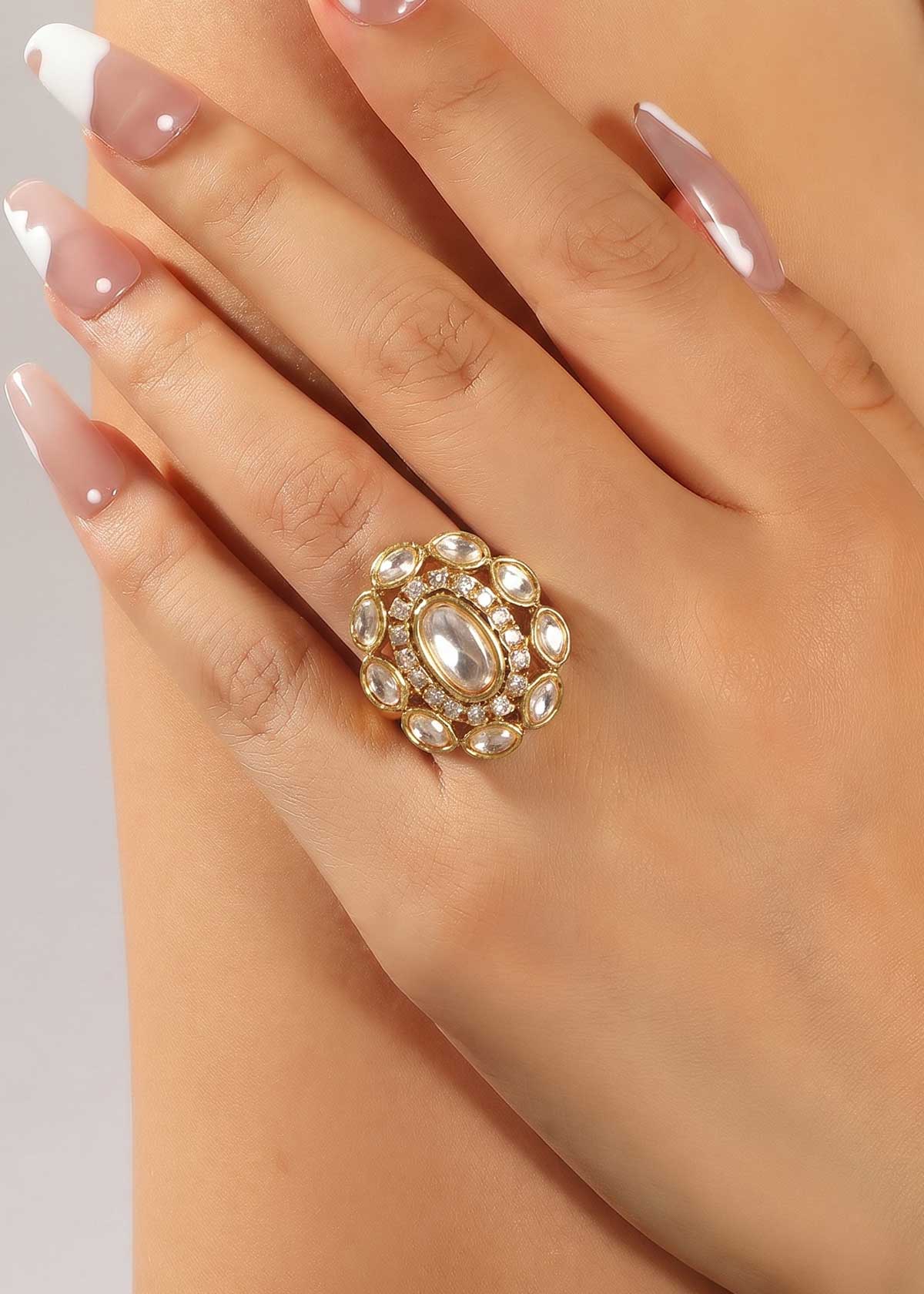 Vintage Oval Double Halo Moissanite & Cubic Zircon Adjustable Finger Ring For Women