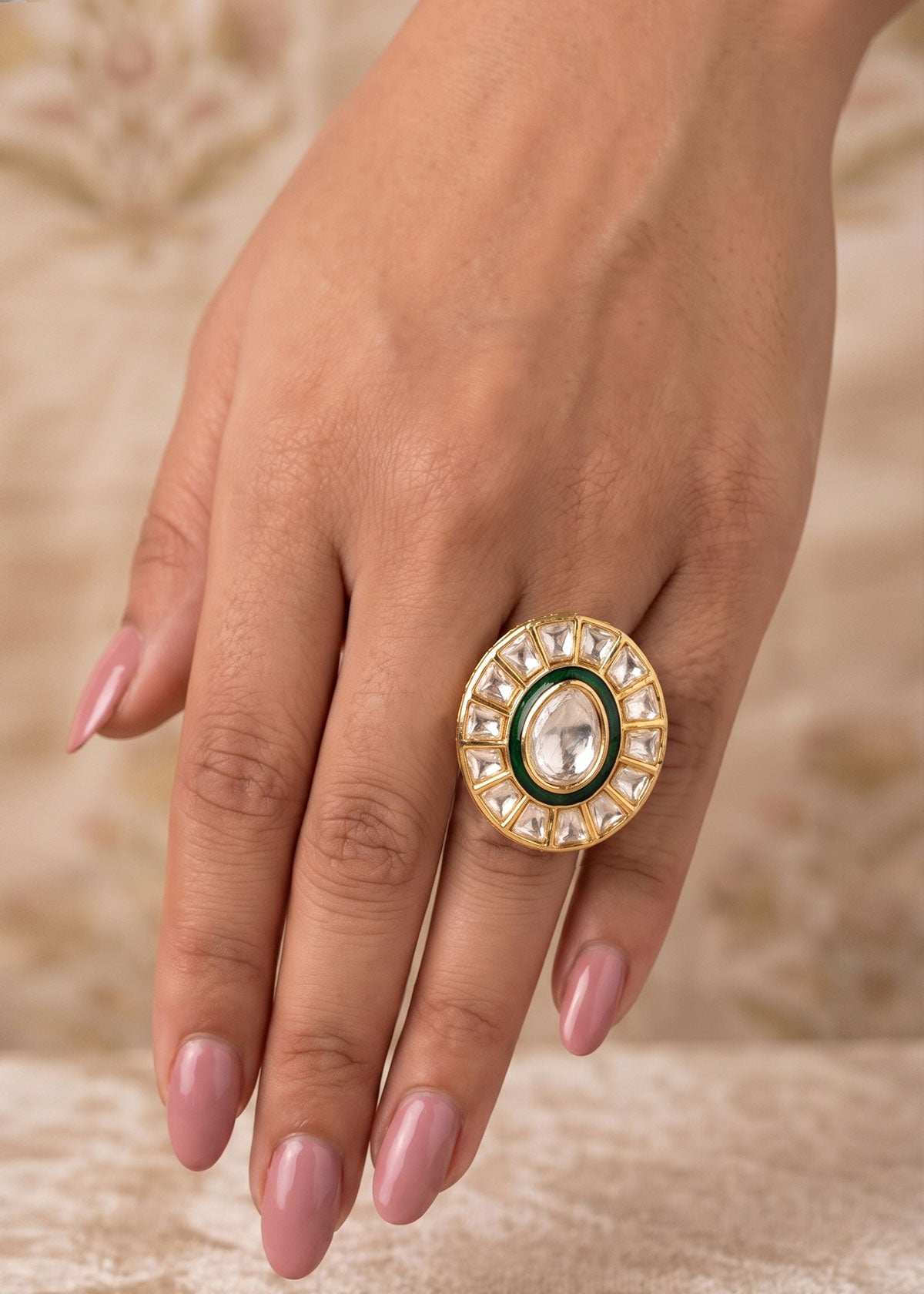 Contemporary Heritage Circular Moissanite & Meenakari Adjustable Finger Ring For Women