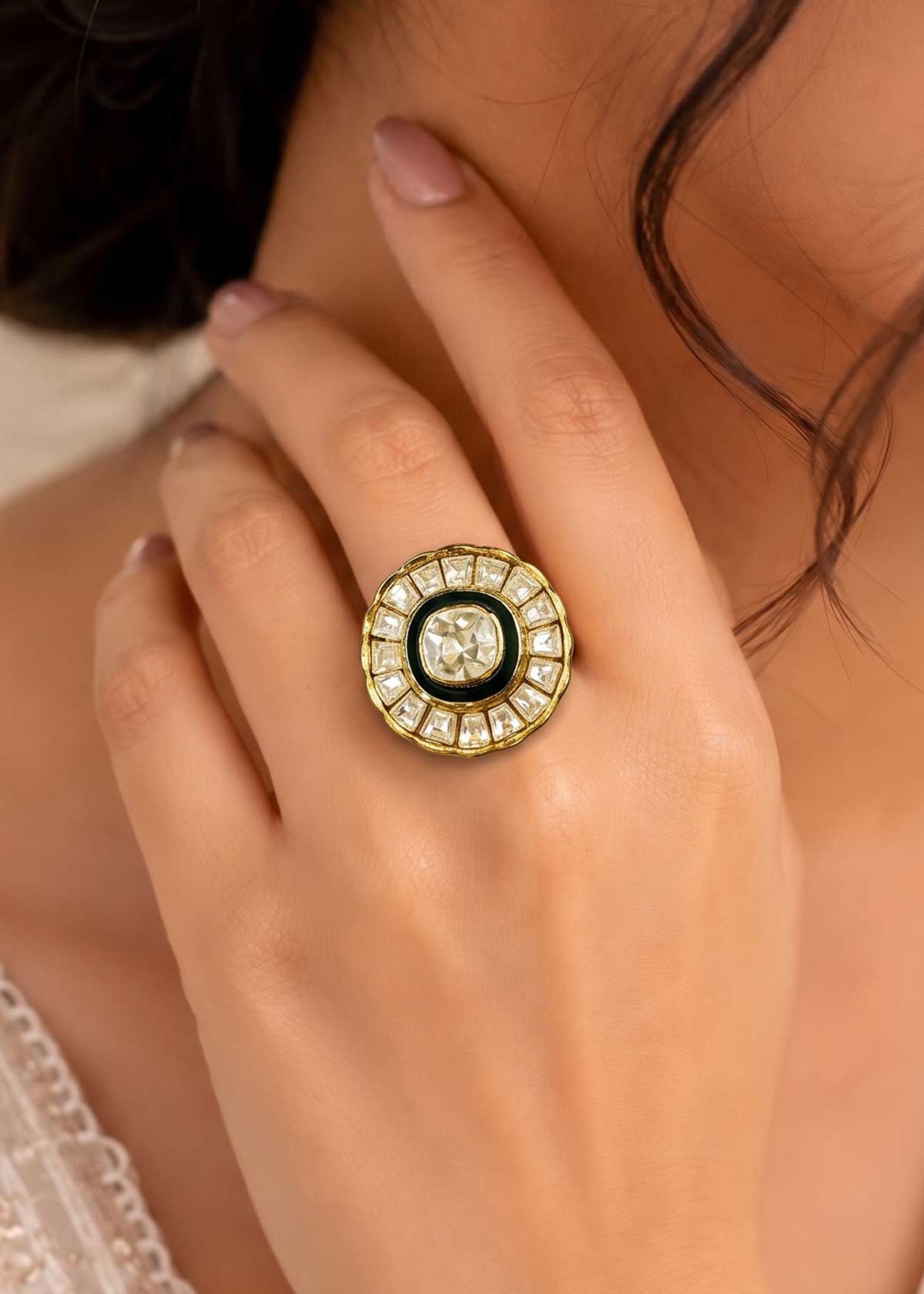 Artisanal Floral Blue Meenakari Accent Kundan Finger Ring For Women