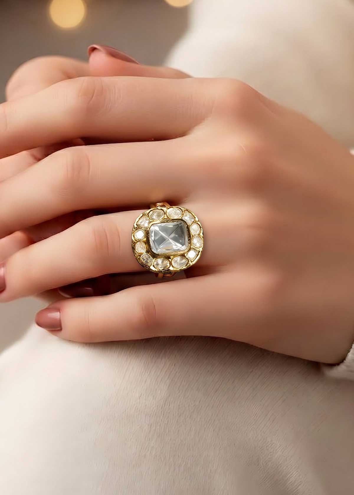 Heritage Rectangular Polki Cut Moissanite Large Adjustable Finger Ring For Women