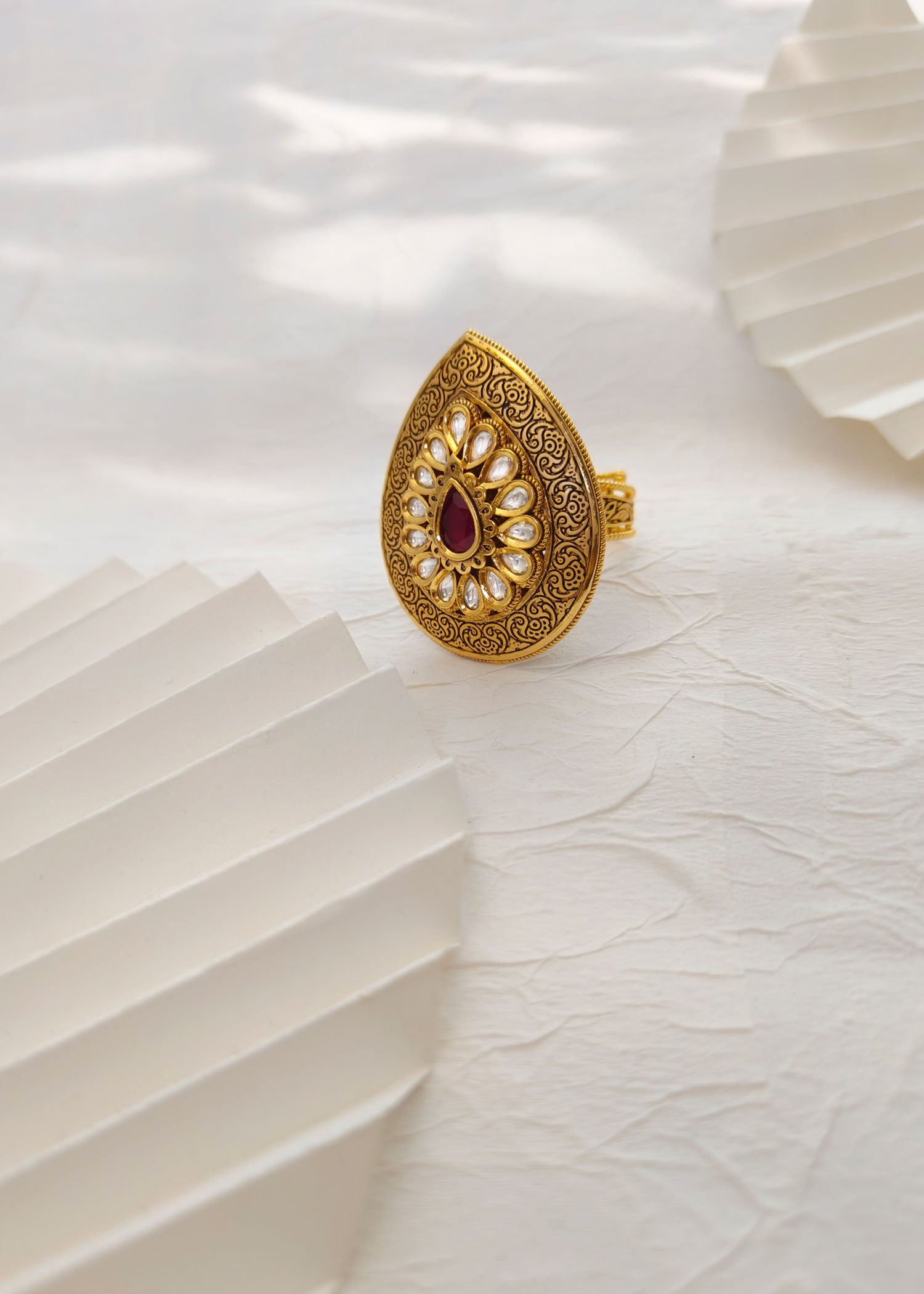 Big Antique Gold Drop Shape Ruby Kundan Finger Ring