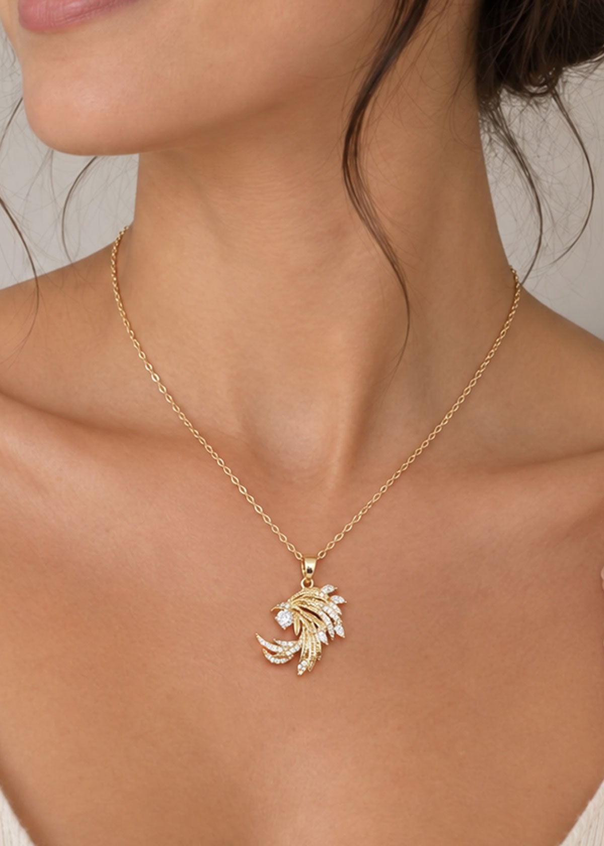 Feather Plume Marquise Cubic Zircon Delicate Pendant Set With Chain For Women