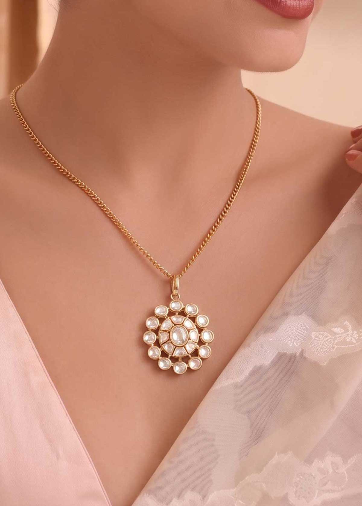 Vintage Style Moissanite Polki Round Medallion Big Pendant Set For Women