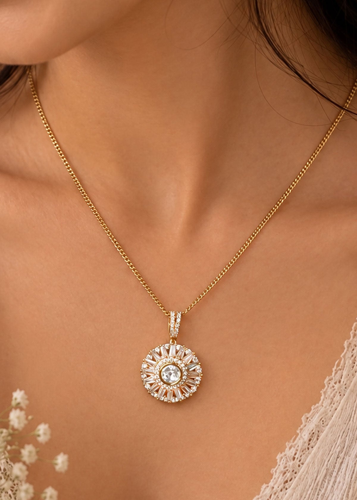 Sunburst Kundan Solitaire & Baguette Cubic Zircon Big Pendant Set For Women