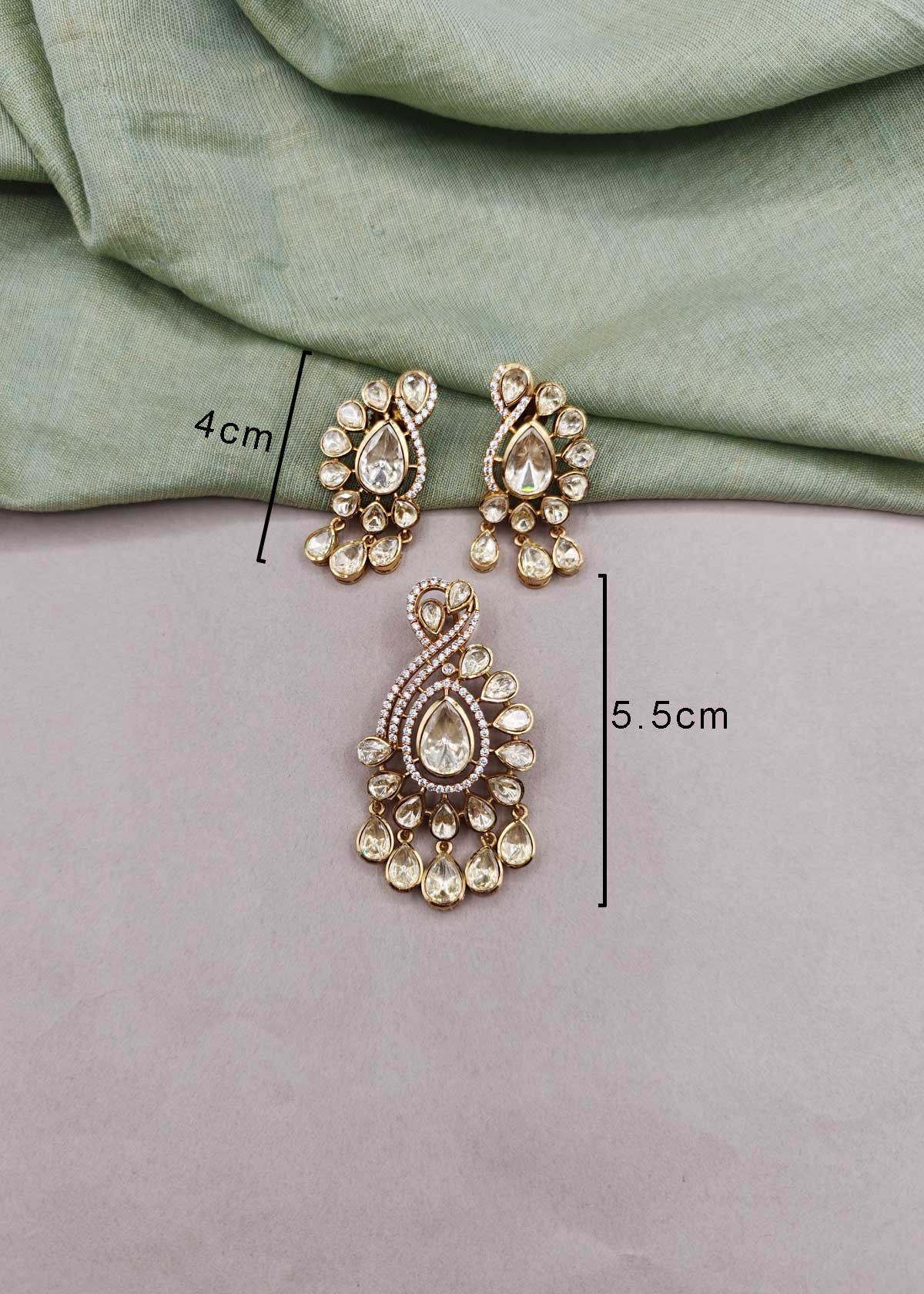 Regal Teardrop Moissanite Polki & Micro-Pavé Cubic Zircon Big Pendant Set For Women