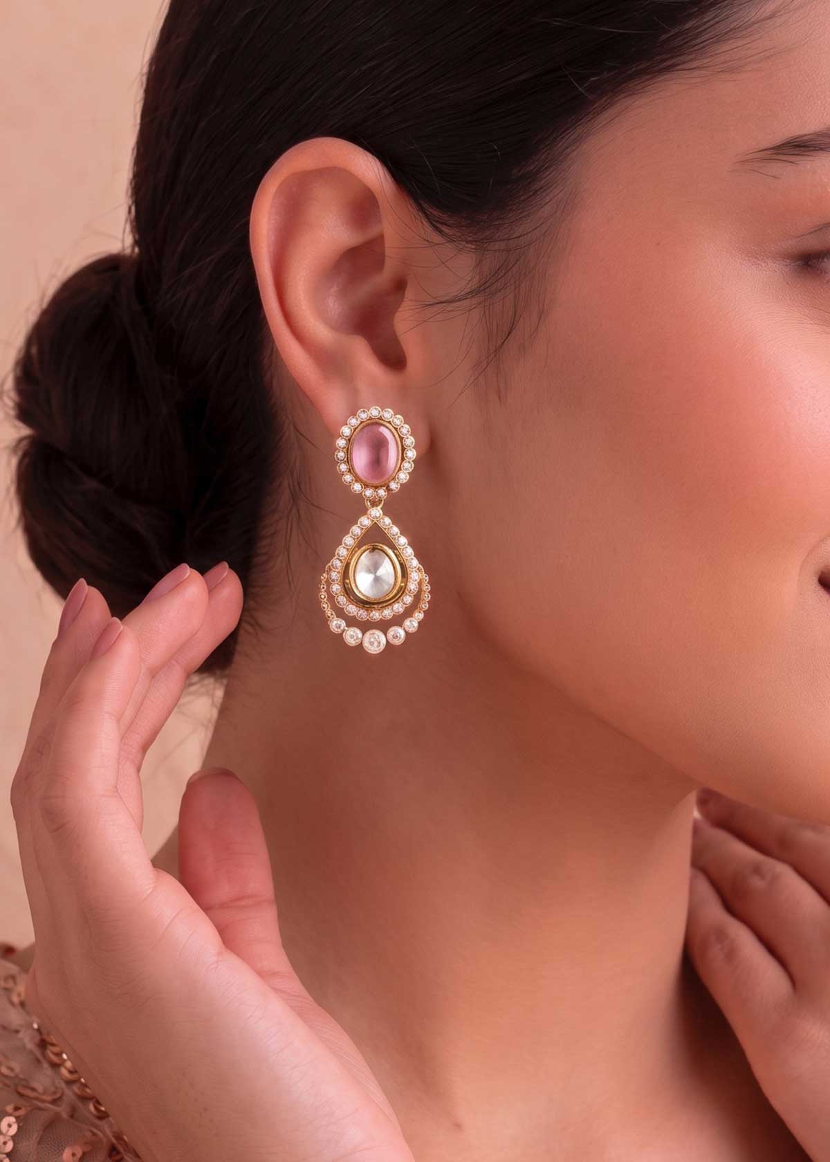 Regal Oval Gemstone, Cubic Zircon & Teardrop Kundan Big Pendant Set For Women