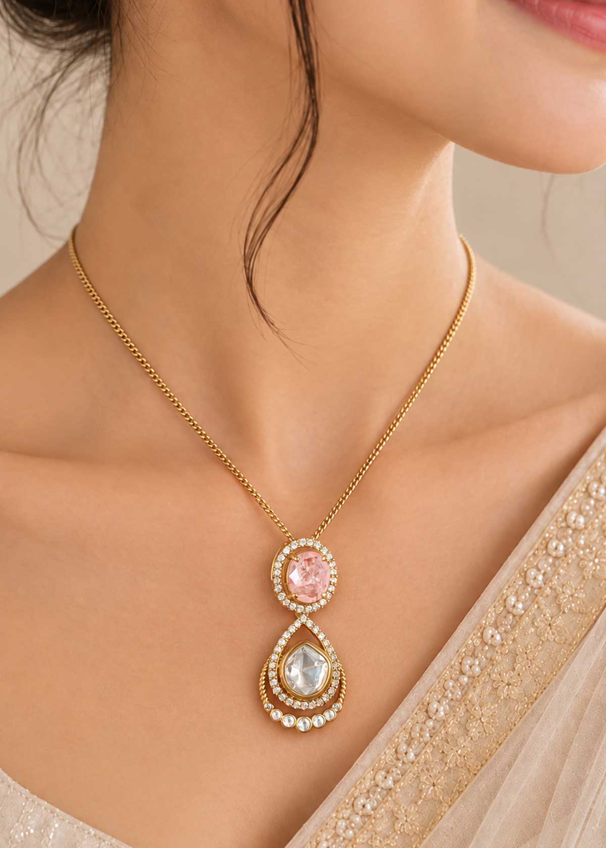 Regal Oval Gemstone, Cubic Zircon & Teardrop Kundan Big Pendant Set For Women